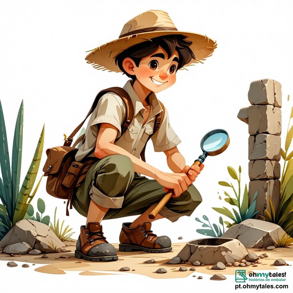 Um arqueólogo, Miguel, está no centro da imagem. Ele é alto e magro, com cabelos castanhos bagunçados e um sorriso entusiasmado. Usa um chapéu de palha, uma camisa de manga curta bege e uma calça cargo. Miguel está agachado, segurando uma pequena pá em uma mão e uma lupa na outra, observando com admiração um antigo artefato que acaba de desenterrar. Ao seu lado, Ana, uma jovem de cerca de 25 anos, está inclinada sobre uma bela cerâmica colorida que examina com cuidado. Ela tem cabelos longos e cacheados, presos em um rabo de cavalo, e veste uma camiseta azul e um short. Ela sorri, empolgada com a descoberta. Um pouco mais longe, João, um homem de cerca de 30 anos, anota em um caderno. Ele usa óculos redondos e tem uma barba bem cuidada, vestindo uma camisa xadrez e uma calça bege. Ele levanta os olhos do caderno para observar Miguel com um olhar admirativo. O cenário é um sítio arqueológico ao ar livre, cercado por colinas verdes sob um céu azul brilhante. O solo é marrom e solto, salpicado de fragmentos de cerâmica e pedras antigas. Ferramentas de arqueologia estão espalhadas ao redor deles, e ao longe, vê-se as ruínas de um antigo palácio minoico, com colunas majestosas e afrescos coloridos. A cena principal mostra Miguel descobrindo um artefato precioso, uma pequena joia minoica, que brilha ao sol. Seu rosto está iluminado pela excitação e curiosidade, enquanto seus amigos o incentivam e compartilham seu entusiasmo por essa incrível descoberta.