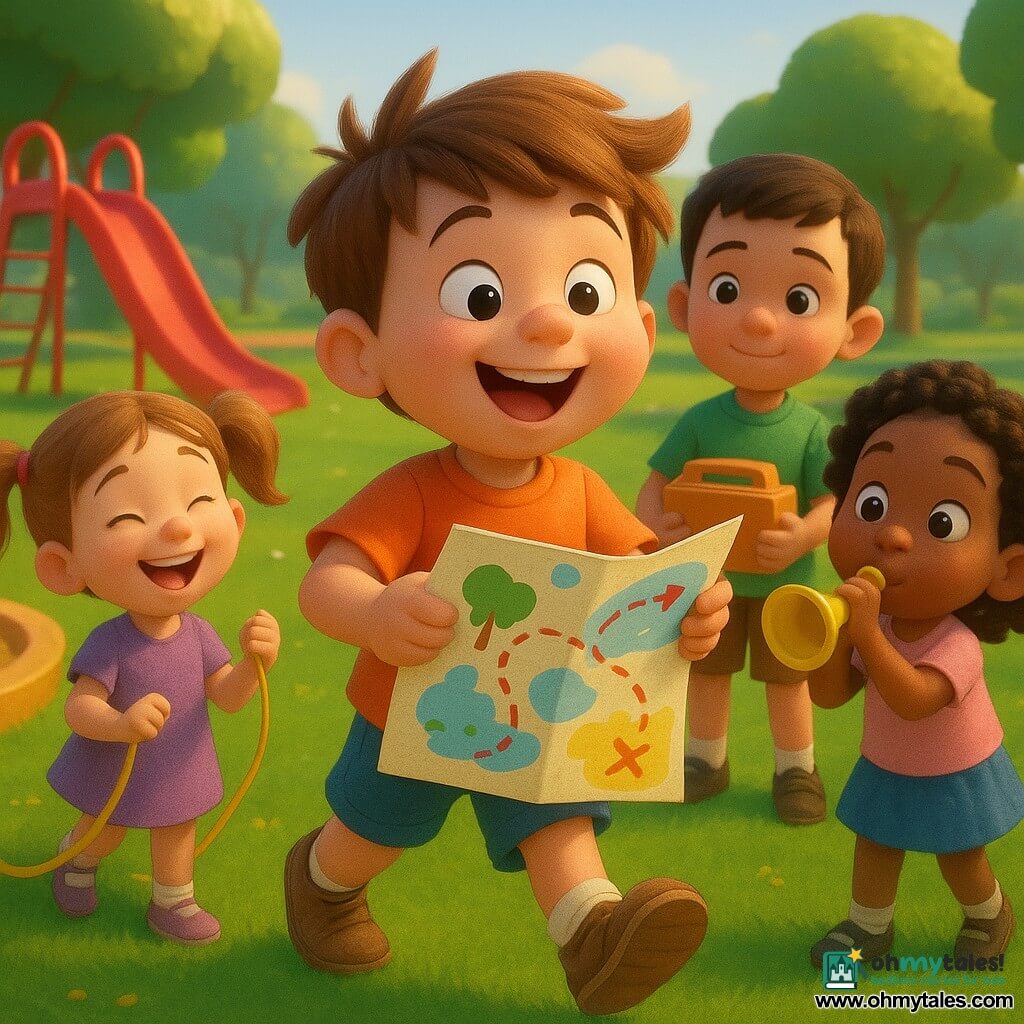 A joyful, determined 4-year-old boy with round cheeks and tousled hair wearing one shoe and a crumpled sock-slipper holds a colorful map flapping in the wind; Nia, a smiling 4-year-old with pigtails, laughs with a jump rope at his left; Ben, a serious-but-amused 4-year-old with short hair, stands behind with a snack box; Lulu, a mischievous 4-year-old with curly hair, blows a small plastic trumpet at the group's right; in Sunny Park — shiny green lawn, golden sandbox, large red slide, small pond with water lilies and a few round-leaved trees — the children examine a hand-drawn map with red arrows, ready to search for a lost shoe, with laughing expressions, dynamic poses, soft late-afternoon light, bright colors and smooth 3D animation-style textures.