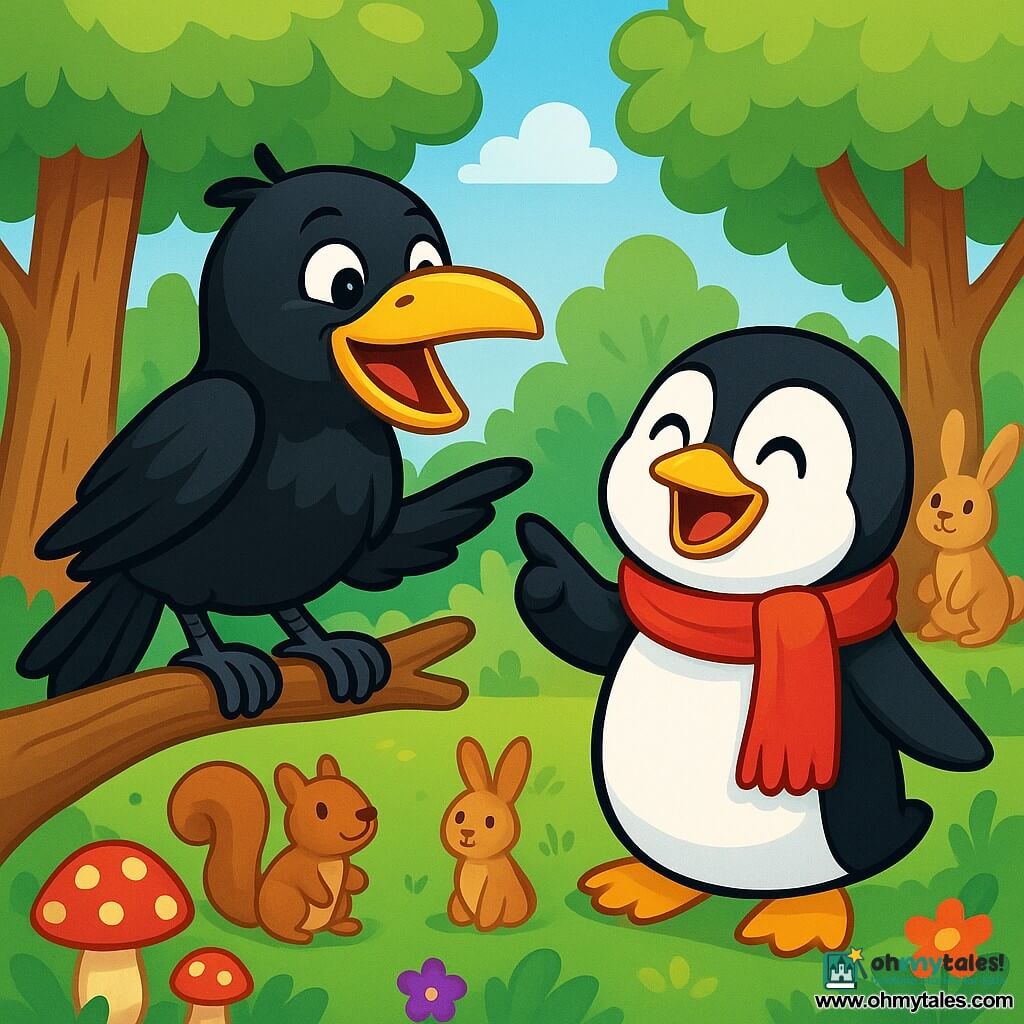 A raven named Cosmo, with shiny black feathers and mischievous sparkling eyes, is perched on a tree branch, laughing joyfully. Next to him is a penguin named Perry, wearing a bright red scarf, standing on his little webbed feet with a big smile on his face, pretending to take photos with his flippers. The scene takes place in a sunny forest filled with vibrant green trees, colorful flowers, and funny-shaped mushrooms, creating a cheerful and playful atmosphere. Cosmo enthusiastically announces the start of the obstacle course, while other animals, like squirrels and rabbits, gather around, ready to join in this fun and laughter-filled adventure.