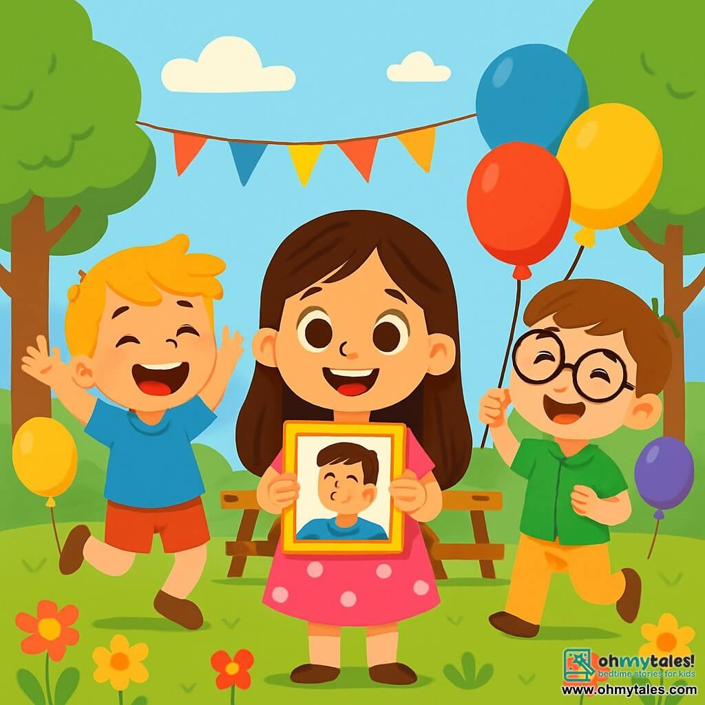 There are 3 characters: - Lily: a 6-year-old girl with long brown hair and sparkling eyes. She wears a pink dress with white polka dots and holds a shiny frame with a photo inside. She stands in the center, smiling and full of enthusiasm. - Max: a 6-year-old boy with messy blonde hair and a big smile. He wears a blue t-shirt and red shorts. He is to the left of Lily, jumping for joy with his arms raised. - Ben: a 6-year-old boy with brown hair and round glasses. He wears a green shirt and beige pants. He is to the right of Lily, holding colorful balloons and laughing happily. The main setting is a sunny park filled with colorful flowers and tall green trees. Balloons float in the air, and paper garlands decorate the picnic tables. In the background, there is a light blue sky with a few fluffy white clouds. The main situation shows the three friends celebrating Father's Day. They are surrounded by festive decorations, ready to surprise Lily's dad with a shiny frame containing a special photo. The children's faces are filled with joy and excitement, creating a warm and cheerful atmosphere.