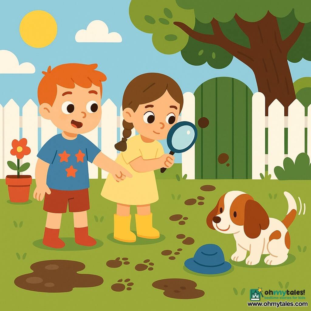 Three characters in a sunny suburban garden: a 6-year-old girl with brown pigtails in a pale yellow dress and yellow boots holds a round magnifying glass at the center near the garden fence; a 5-year-old redheaded boy in a blue t‑shirt with red stars and red socks points to small muddy round footprints left to the girl's left; and a small white-and-brown spaniel sits to the girl's right wagging its tail and sniffing a small blue hat on the grass; bright colors, simple shapes, playful curious atmosphere, white wooden fence with a green gate, muddy puddles, red flowerpot, orange swing, and an old oak in the background.