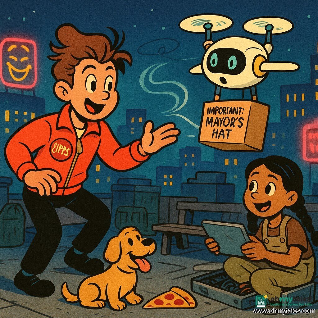 A young energetic man (about 18–22) in a shiny red jacket with a "ZIPPERMAN" patch, wind-tousled hair, smiling and focused as he gently blows an invisible cushion of air to guide a light crate toward a bench; a teenage girl, Mara (about 14) with two braids, in utility clothes and holding a tablet, crouched by an open metal box on the rooftop reconnecting cables and smiling in relief at the man; a medium service drone, rounded white-and-yellow design, hovering with a crate labeled "IMPORTANT: MAYOR’S HAT" beneath it and surprised lamp-like eyes; a joyful golden retriever on the lit street below, tail wagging with a slice of pizza beside it; nighttime urban rooftop with colorful neon signs, cables and metal boxes, and a glowing skyscraper skyline—a comic, colorful, retro-cartoon moment where the man shapes the wind to divert a clumsy delivery away from the dog while the girl repairs the signal hub.