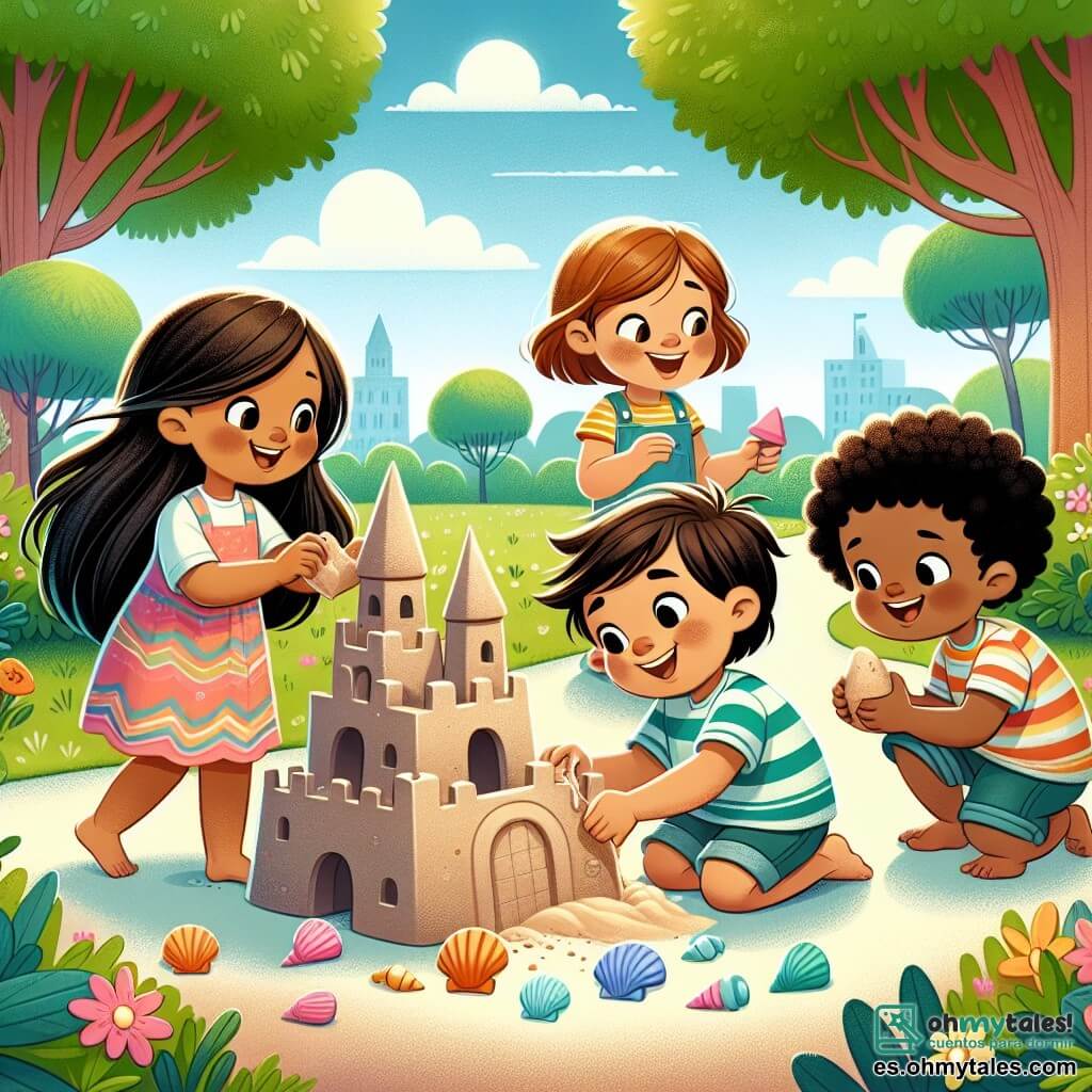 En un parque soleado, cuatro niños juegan juntos. Lucía, una niña de 8 años con cabello largo y castaño, lleva un vestido colorido y sonríe alegremente mientras construye un castillo de arena. A su lado, Miguel, un niño de 9 años con cabello corto y castaño, está moldeando una pared de arena con las manos, luciendo concentrado. Ana, una niña de 7 años con cabello rizado y negro, lleva una camiseta a rayas y ríe mientras añade conchas al castillo. Finalmente, Samuel, un niño de 8 años con cabello negro y rizado, lleva una camiseta con patrones coloridos y se agacha para recoger pequeñas banderas de plástico para decorar el castillo. El parque está lleno de vegetación, con grandes árboles de hojas brillantes y flores coloridas que bordean el camino. A lo lejos, se ve un cielo azul claro salpicado de nubes blancas y esponjosas, mientras las risas de los niños resuenan en el aire. La escena principal muestra a los cuatro amigos colaborando para construir un hermoso castillo de arena, simbolizando la amistad y la tolerancia, cada uno aportando sus ideas y talentos, compartiendo risas y palabras en diferentes idiomas.