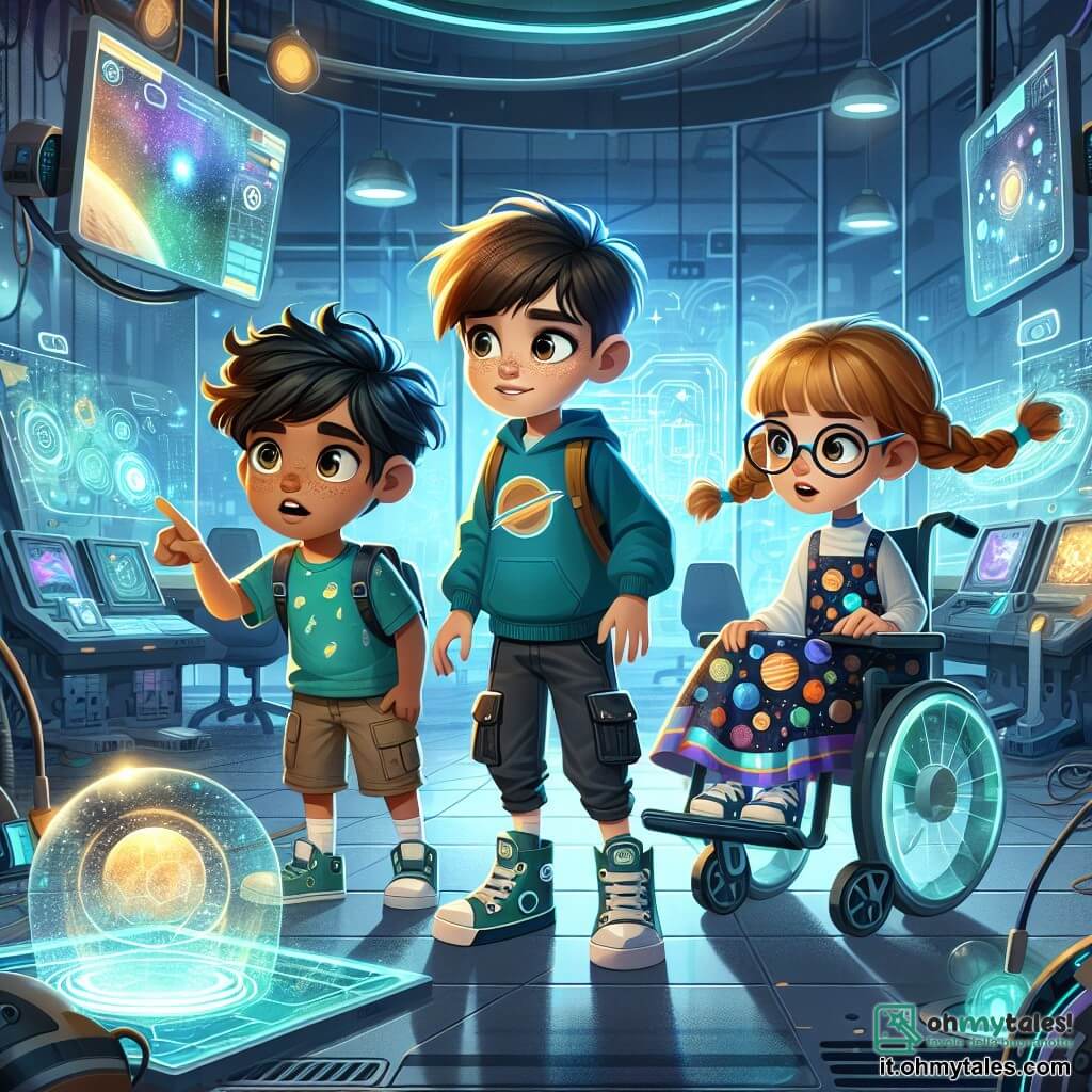 In un laboratorio futuristico, tre amici si trovano insieme: Luca, un ragazzo di 11 anni con i capelli castani arruffati e gli occhi pieni di curiosità, osserva con fascinazione uno schermo olografico. Indossa una maglietta blu e pantaloni cargo. Mia, una ragazza di 11 anni con capelli biondi intrecciati e occhiali rotondi, si avvicina a un dispositivo luminoso, le mani tese con meraviglia. Indossa un vestito colorato decorato con motivi di pianeti. Sam, un ragazzo di 11 anni con capelli neri e un sorriso determinato, è seduto su una sedia a rotelle flottante, esaminando un piano su un tablet. Indossa una felpa verde e jeans. Il laboratorio è pieno di macchine brillanti, monitor lampeggianti e ologrammi flottanti, con muri di vetro che mostrano una città futuristica sullo sfondo, illuminata da neon colorati. I tre amici hanno appena scoperto un misterioso portale incandescenti al centro della stanza, che scintilla di una luce dorata, invitandoli a entrare in un mondo sconosciuto.