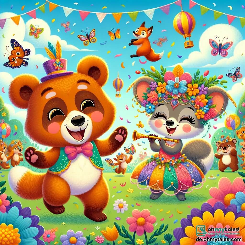 Ein kleiner brauner Bär mit weichem Fell und strahlenden Augen tanzt begeistert inmitten einer bunten Wiese, umgeben von leuchtenden Blumen und schwirrenden Schmetterlingen. Neben ihm lächelt ein schlauer, leuchtend orangefarbener Fuchs mit einem buschigen Schwanz stolz in einem glitzernden, bunten Kostüm und spielt mit einer kleinen Flöte. Etwas weiter applaudiert eine kleine graue Maus, die ein Kleid aus Blütenblättern trägt, voller Begeisterung mit glänzenden Augen. Der Ort ist eine sonnige Wiese, übersät mit bunten Blumen unter einem klaren blauen Himmel, wo Girlanden von Laternen in der Luft schweben und eine festliche, fröhliche Atmosphäre schaffen. Die Hauptsituation zeigt die Charaktere, die den Karneval feiern, zusammen singen und tanzen, erfüllt von Freude und Freundschaft, während ein glitzernder Schatz aus Konfetti und Süßigkeiten im Mittelpunkt der Szene strahlt.