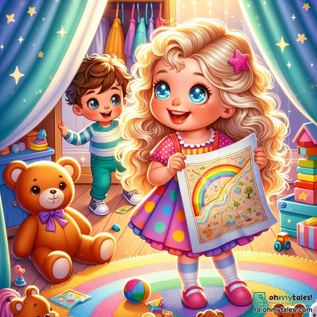O fetiță de 6 ani, Mara, cu părul blond creț și ochi strălucitori ca stelele, zâmbește fericită ținând în mână o hartă a comorii colorată. Poartă o rochie cu buline colorate și pare plină de entuziasm și curiozitate. Lângă ea, fratele ei mai mic, Andrei, în vârstă de 3 ani, cu părul castaniu și un zâmbet jucăuș, se uită la hartă cu uimire, ținându-se de mână cu sora sa. Teddy, un urs de pluș brun, stă pe podea cu un aer prietenos, iar Lala, o păpușă cu părul roz, este așezată lângă Andrei, ca o complică a aventurii. Scena are loc într-o cameră de joacă luminoasă, plină de jucării colorate, blocuri din lemn și un covor mare și pufos cu motive vesele. În fundal, un dulap mare din lemn se ridică, părând misterios și primitor în același timp. Mara și Andrei se pregătesc să deschidă ușa dulapului, nerăbdători să descopere comoara ascunsă în interior. Atmosfera este plină de magie și emoție, cu raze de soare filtrându-se prin fereastră, iluminând camera cu o lumină aurie.
