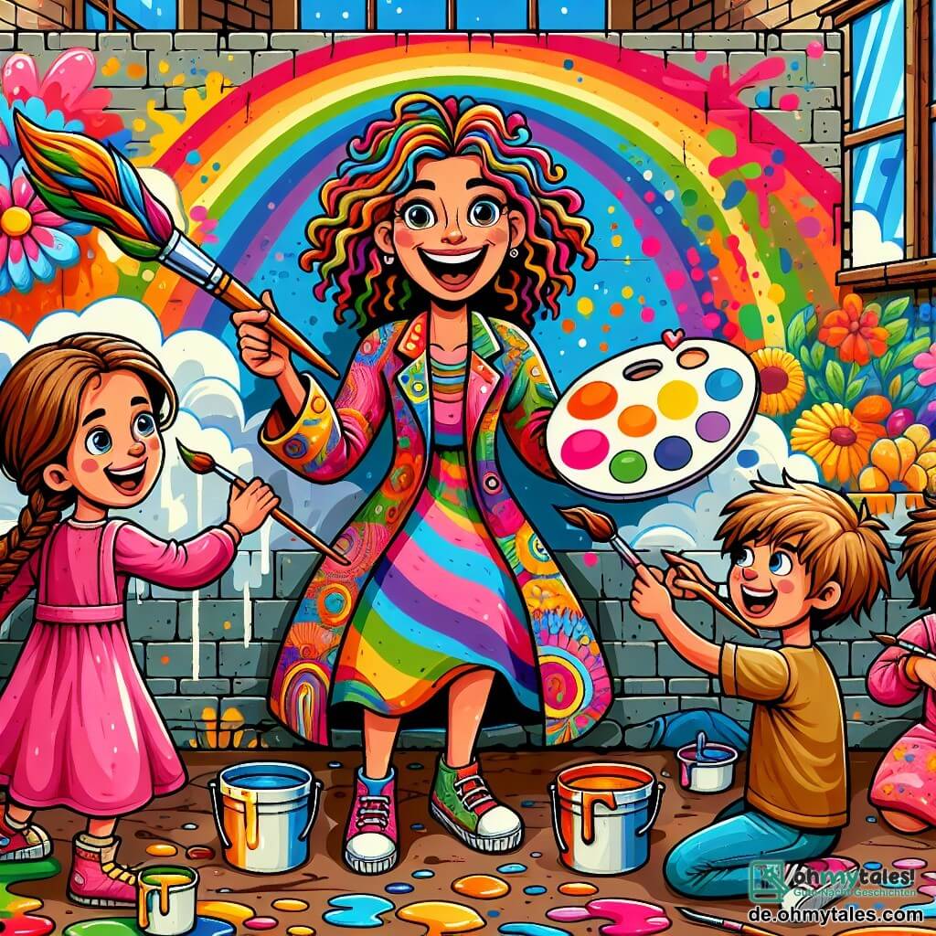 Eine fröhliche Frau mit lockigem Haar und einem bunten Mantel hält einen großen Pinsel in einer Hand und eine Palette in der anderen. Ihr strahlendes Lächeln zeigt ihre Begeisterung, während sie die Kinder anleitet, ein Kunstwerk zu schaffen. Neben ihr malt ein 8-jähriges Mädchen mit geflochtenem braunem Haar und einem rosa Kleid einen wunderschönen Regenbogen in leuchtenden Farben. Ein 7-jähriger Junge mit zerzausten blonden Haaren konzentriert sich auf rote Blumen, die er mit einem breiten Pinsel malt, während er auf dem Boden neben einem Farbeimer sitzt. Der Ort ist eine alte Ziegelmauer hinter einer Schule, die in einen künstlerischen Raum verwandelt wurde. Bunte Farbtöpfe sind verstreut, und farbige Spritzer schmücken den Boden. Die Szene zeigt die Frau und die Kinder, die fröhlich zusammenarbeiten, um ein riesiges Wandgemälde voller leuchtender Farben und fantasievoller Muster zu schaffen, während sie lachen und sich gegenseitig ermutigen.