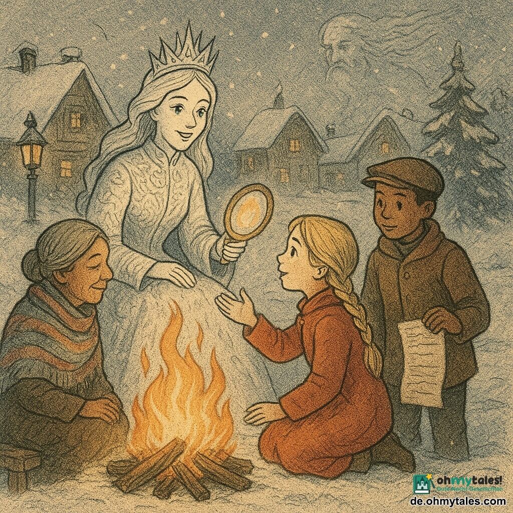 Die Schneekönigin (aus dem Märchen von Hans Christian Andersen), blasses Gesicht mit leicht geröteten Wangen, glänzende blaue Glasaugen, trägt ein langes brokatweiß-silbernes Kleid, lächelt sanft und hält einen rundes Spiegelchen, das warmes Licht ausstrahlt; sie sitzt am Rand eines großen Lagerfeuers. Gerda, etwa 9 Jahre alt, geflochtene blonde Haare, einfacher roter Mantel, hockt neben der Königin und blickt staunend in den Spiegel, die Hand ausgestreckt, um das Licht zu berühren. Ein etwa 12-jähriger Briefträgerjunge in braunem Wollmantel steht hinter Gerda, hält eine Namensliste und betrachtet neugierig die Szene. Eine alte Frau mit grauen Haaren im Dutt und bunter Strickschal sitzt auf einer Holzbank am Feuer und lächelt. Der Windgeist erscheint als durchscheinliche Silhouette eines alten Mannes mit nebelartigem Bart, die im Hintergrund schwebt und von Flocken umgeben ist. Schauplatz ist ein verschneiter Dorfplatz mit Holzhäusern und schneebedeckten Dächern, dunklen Tannen, einer hängenden Schmiedeeisenlaterne und Rauch aus den Schornsteinen; das Feuer wirft orangefarbene Reflexe auf den Schnee und lange Schatten. Hauptszene: die Königin erzählt am Feuer, der Spiegel projiziert kleine Lichtbilder, Kinder sitzen gebannt mit erleuchteten Gesichtern und gewärmten Händen; die Stimmung ist warm, intim und sanft.