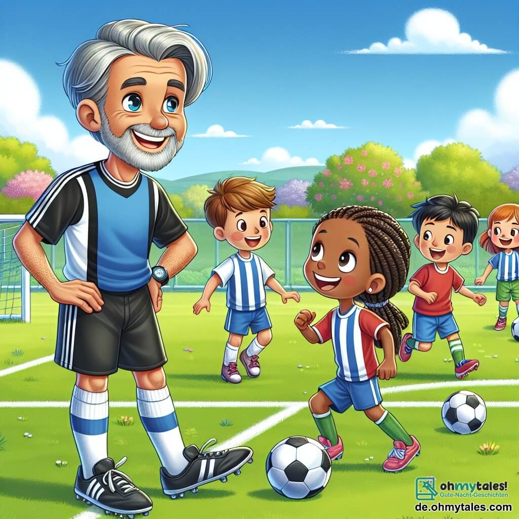 Ein mittelalter Mann, Herr Müller, steht auf einem grünen Fußballfeld und lächelt stolz. Er trägt ein blaues Fußballtrikot mit weißen Streifen, schwarze Shorts und Sportschuhe. Seine grauen Haare sind nach hinten gekämmt, und seine Augen funkeln vor Begeisterung, während er den Kindern zeigt, wie man den Ball dribbelt. Neben ihm übt ein zehnjähriges Mädchen mit langen geflochtenen Haaren und einem roten Trikot, konzentriert und entschlossen. Ein neunjähriger Junge mit einer blauen Kappe und grünen Shorts spielt Pässe mit einem anderen Kind, lacht und hat Spaß. Der Platz ist von Grün umgeben, mit blühenden Bäumen und einem blauen Himmel mit weißen Wolken. Zuschauer, Eltern und Freunde stehen im Hintergrund, applaudieren und feuern die Kinder an. Herr Müller gibt den Kindern Tipps, die begeistert ihre Fußballfähigkeiten verbessern, wodurch eine fröhliche und dynamische Atmosphäre entsteht.