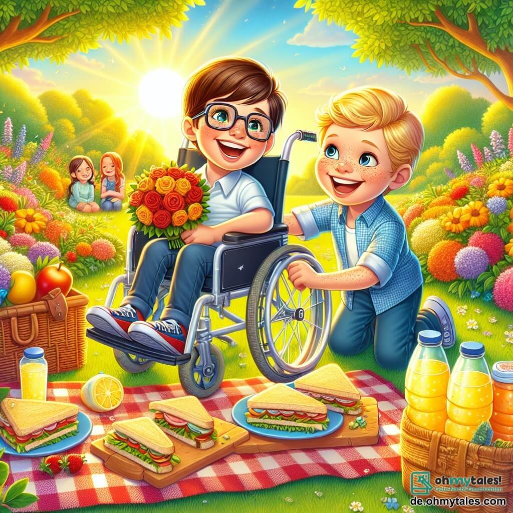 Es gibt zwei Jungen, Max und Leo, die 8 Jahre alt sind. Max sitzt im Rollstuhl, hat braune Haare und eine Brille und lächelt fröhlich. Leo, mit blonden Haaren und Sommersprossen, schiebt begeistert Max' Rollstuhl. Sie befinden sich in einem bunten Garten, umgeben von leuchtenden Blumen und üppigem Grün. Der Garten ist in goldenes Licht getaucht, mit einer großen, bunten Picknickdecke auf dem Gras. Auf der Decke liegen köstliche Sandwiches, Flaschen mit Sprudel-Limonade und zwei schöne, frisch gepflückte Blumensträuße. Die Hauptsituation zeigt Max und Leo, die vor Freude strahlen und eine Überraschung für ihre Mütter vorbereiten, mit strahlenden Lächeln und einer festlichen Atmosphäre, während die Sonne über ihnen scheint und eine warme, fröhliche Stimmung schafft.