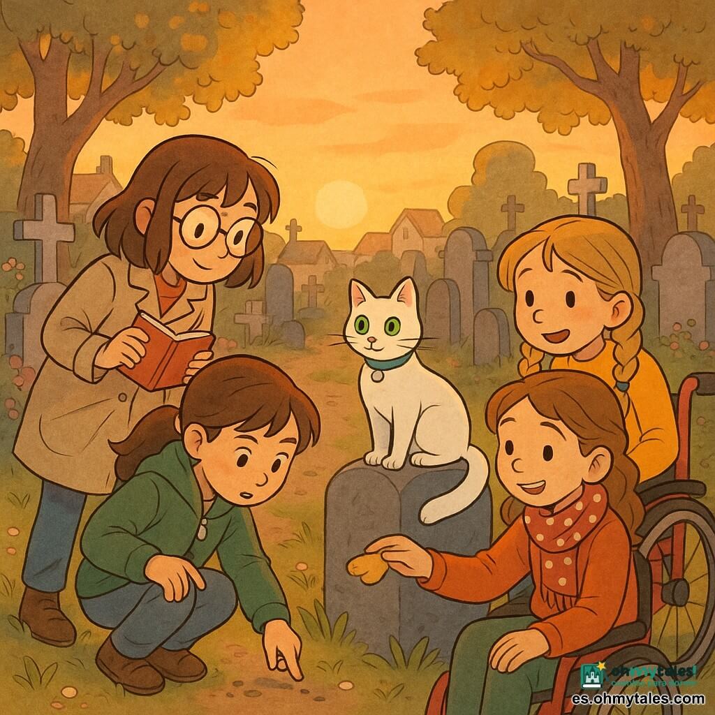 Hay cinco personajes: Lucía (10 años) con gafas redondas, abrigo beige y una libreta roja, inclinada a la izquierda tomando notas; Irene (9 años) con coleta y chaqueta verde, agachada en el centro señalando pequeñas huellas; Marta (11 años) en silla de ruedas roja, con bufanda de lunares, sentada a la derecha acariciando a un gato; Sofía (10 años) con trenzas rubias y suéter amarillo, detrás de Marta ofreciendo un trozo de pan; Nieve, gato blanco de ojos verdes y collar azul, sobre una lápida entre Lucía y Marta. Lugar: cementerio antiguo del pueblo al atardecer con caminos de tierra, lápidas de piedra, cruces de madera, arbustos floridos y árboles con hojas doradas; luz cálida del crepúsculo y hierba algo húmeda. Situación: las cuatro niñas investigan alrededor del gato sobre una tumba, observando pistas en una escena tranquila y curiosa, estilo cómic de contornos suaves y acuarela ligera.