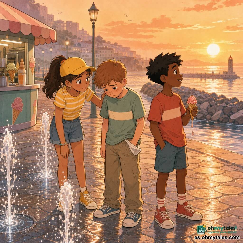 Tres niños: Nico (niño de ~11 años, pelo castaño corto, rostro redondo con pecas, mira su bolsillo vacío y el pantalón mojado, en el centro), Vega (niña de ~12 años, pelo castaño en coleta alta, gorra amarilla, sonriente y inclinada hacia Nico consolándolo, a la izquierda) e Iker (niño de ~11 años, pelo negro corto, expresión traviesa, sostiene un helado que se derrite, a la derecha mirando al mar). Escenario: paseo marítimo al atardecer con adoquines, fuente con chorros y gotas brillantes, quiosco de helados y gran escollera de piedras grises; cielo naranja suave y ligera bruma. Situación y ambiente: los tres junto a la fuente; Nico perdió un llavero en forma de pez; atmósfera veraniega, colores cálidos y pastel, reflejos de agua; estilo: trazos suaves, contornos redondeados y textura de cómic con expresiones claras de tristeza suave, solidaridad y amistad cálida.