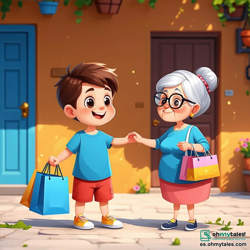 Un niño de 8 años, Sami, con cabello castaño despeinado y ojos brillantes de curiosidad, sonríe alegremente mientras ayuda a una anciana. Lleva una camiseta azul brillante y un short rojo, y sostiene una pesada bolsa de compras. A su lado, Doña Carmen, una mujer mayor con cabello gris recogido y gafas redondas, le agradece con una sonrisa cálida, sus manos arrugadas sosteniendo un bastón de madera. La escena tiene lugar en un parque soleado, lleno de flores coloridas y árboles verdes, con niños jugando a lo lejos. Sami y Doña Carmen están cerca de un banco de madera, rodeados de risas infantiles y el canto de los pájaros. La situación principal muestra a Sami, lleno de energía y bondad, ayudando a Doña Carmen a llevar sus compras, ilustrando el espíritu de generosidad y camaradería del Ramadán.