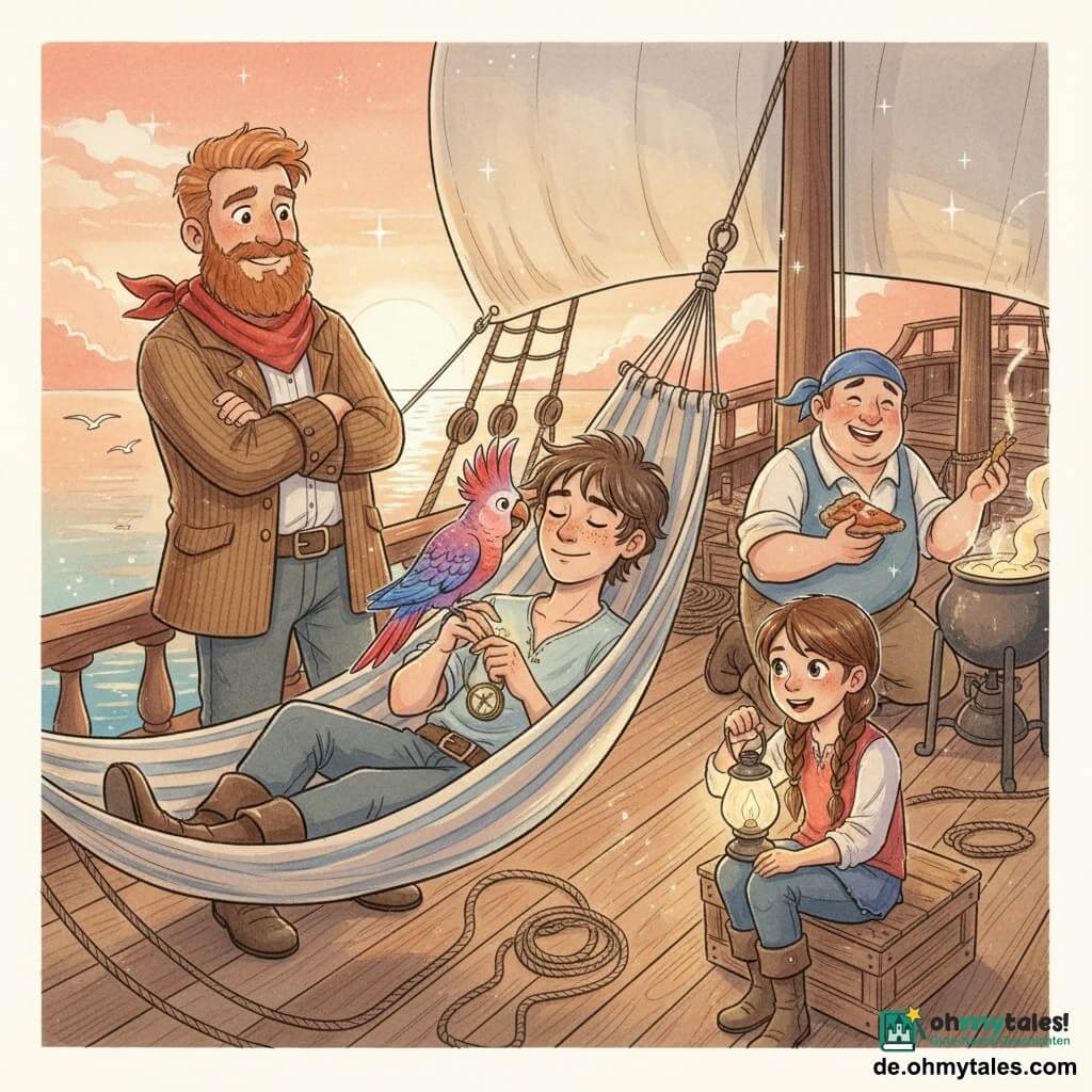 Ein junger Pirat namens Finn (etwa 18) liegt entspannt in einer beige-blau gestreiften Hängematte, lächelnd, braune strubbelige Haare, Sommersprossen, die Augen halb geschlossen, eine Hand hält behutsam eine kleine glänzende Kompassnadel; eine bunte Wellensittichdame Lila (rot-violett-blau) sitzt auf seiner linken Schulter und neigt sich, fedrig schimmernd mit erhobener Haube, zu ihm; Matze (etwa 35), großer Mann mit dichtem roten Bart, steht am Poller mit verschränkten Armen und beschützendem Lächeln, trägt eine Rippenjacke und rotes Halstuch; Mia (etwa 12) sitzt mit braunen Zöpfen neben einer Holzkiste auf dem Deck und hält eine kleine Öllampe, die warmes Licht wirft; Kalle, der Koch (ca. 40), rundlich und fröhlich, hockt neben einem Kessel und hält ein Stück Kuchen, leise lachend; Schauplatz: poliertes Holzdeck eines kleinen Piratenschiffs mit verhedderten Tauen, zusammengelegten weißen Segeln, einem orangefarbenen Sonnenuntergang mit aufkommenden Sternen, goldenem Meeresschein und entfernten Möwen; Stimmung: ruhiger Abend nach dem Abenteuer, warm und geborgen, weiches Licht, Aquarell-ähnliche weiche Texturen mit weißen Gelstiftakzenten auf Glanzlichtern und Konturen.