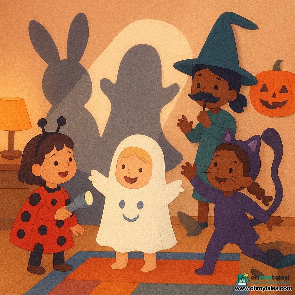 Four children, about 3: Mia with short brown hair in a red-and-black ladybug costume holding a small silver flashlight at left, joyful looking at the wall; Lily with a blonde bob in a soft white ghost costume with a smiling hood, sitting front center with arms wide and flashlight aimed at the wall; Nora with light-brown braided hair in a purple cat costume with painted whiskers at right, leaning forward and twirling an imaginary tail toward the ceiling with her flashlight; Zoe with black pigtails in a dark-green little witch costume with a slipping big hat behind the others, holding a paper fake mustache under the hat and casting a large hat shadow on the wall. Cozy living room at dusk with light wood floor, small colorful rug, warm table lamp, paper pumpkin on the wall and an open dress-up box with mustaches and hats. Main scene: they play with flashlights projecting large funny silhouettes on the wall (rabbit ears, ghost blob, corkscrew tail, huge hat with mustache), warm colors, visible paper-cut textures, happy, conspiratorial expressions.