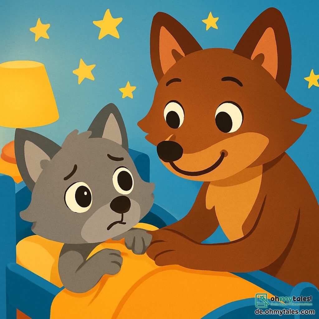 Ein kleiner Wolf mit großen, runden und glänzenden Augen, einem weichen, grauen Fell, liegt in seinem Bett. Er hat einen besorgten Gesichtsausdruck, seine Ohren sind aufgerichtet und er hält seine Decke fest um sich. Seine Mama, eine braun und seidig gefärbte Wölfin, sitzt neben ihm und lächelt beruhigend. Sie hat warme, liebevolle Augen und hält sanft seine Pfote, um ihm Trost zu spenden. Die Szene spielt in einem gemütlichen Zimmer mit hellblauen Wänden und goldenen Sternen, die an der Decke leuchten. Eine kleine Lampe strahlt sanftes Licht aus und schafft eine beruhigende Atmosphäre. Der kleine Wolf lauscht aufmerksam den Geräuschen der Nacht, während seine Mama ihm sanft zuspricht, um ihn zu beruhigen. Sie teilen einen zärtlichen und tröstlichen Moment, umgeben von der friedlichen Dunkelheit der Nacht.