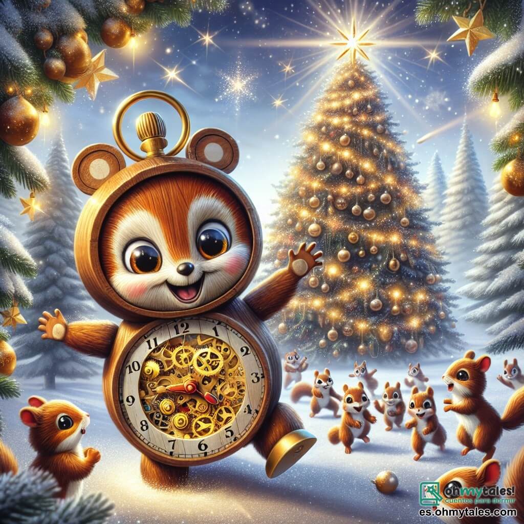 En el centro de la imagen, un pequeño reloj llamado Tic, con manecillas doradas brillantes y una cara sonriente, se maravilla ante un majestuoso árbol de Navidad decorado con guirnaldas brillantes y estrellas. Tic, un personaje de madera con engranajes visibles, expresa una alegría desbordante, sus ojos brillando de felicidad. A su lado, un grupo de adorables ardillas de pelaje marrón y ojos vivos saltan con entusiasmo. Una de ellas, con una cola en forma de penacho, levanta una pata en el aire como para saludar a Tic, mientras las otras lo rodean, compartiendo su emoción. El decorado es un hermoso claro nevado, donde la nieve brilla bajo la luz de las estrellas. Árboles majestuosos cubiertos de nieve forman un círculo alrededor de la escena, y copos de nieve caen suavemente, añadiendo un toque de magia a la atmósfera. La situación principal muestra a Tic y sus amigos celebrando la magia de la Navidad, rodeados de luces doradas que bailan en el aire, mientras un grupo de juguetes coloridos los observa con sonrisas alegres, creando un ambiente festivo y cálido.