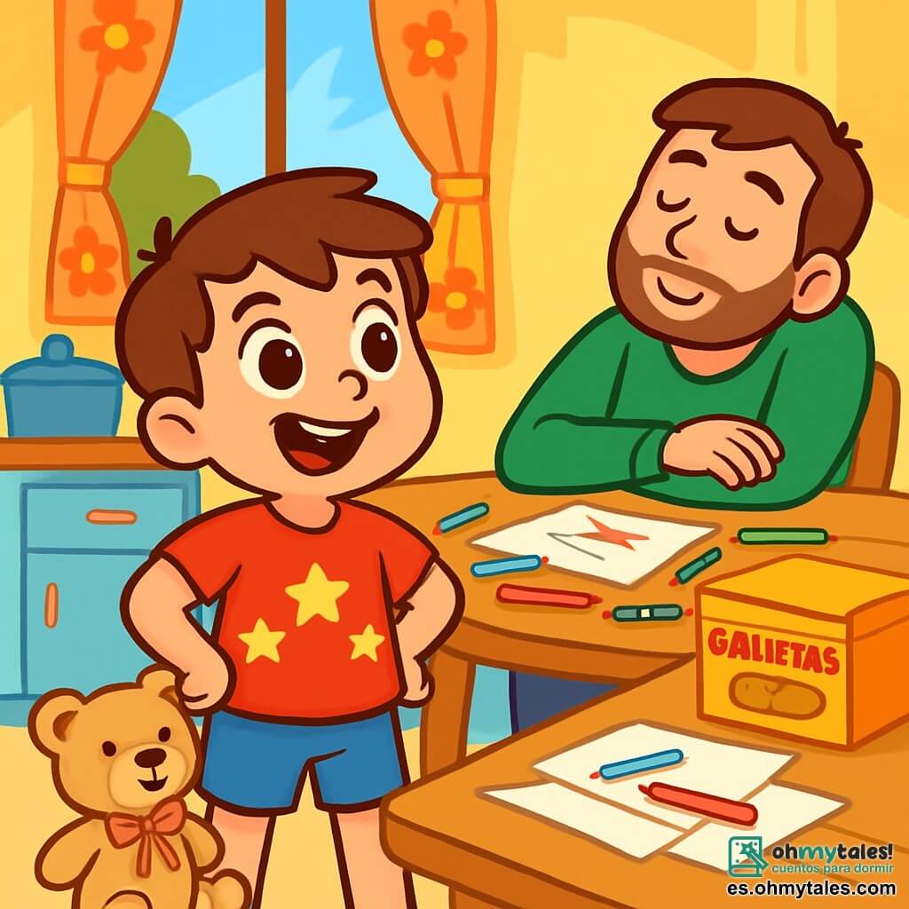 Un niño de 4 años, con cabello castaño alborotado y una gran sonrisa, está de pie en una cocina soleada. Lleva una camiseta roja con estrellas y un pantalón corto azul. Sus ojos brillan de emoción mientras mira a su alrededor, lleno de entusiasmo. A su lado, un adorable osito de peluche con pelaje beige y un lazo rojo parece animarlo en su búsqueda. En la habitación, su papá, un hombre de unos 30 años, con cabello castaño y barba suave, está sentado en la mesa, dormido, con una expresión tranquila. La cocina está llena de colores vivos: paredes amarillas, cortinas con flores y una gran ventana que deja entrar la luz del sol. En la mesa hay lápices de colores, hojas de papel y una caja de galletas, creando un ambiente alegre. La escena principal muestra al niño pensando intensamente, con las manos en las caderas, listo para crear un regalo sorpresa para su papá dormido, con una expresión decidida y llena de amor.