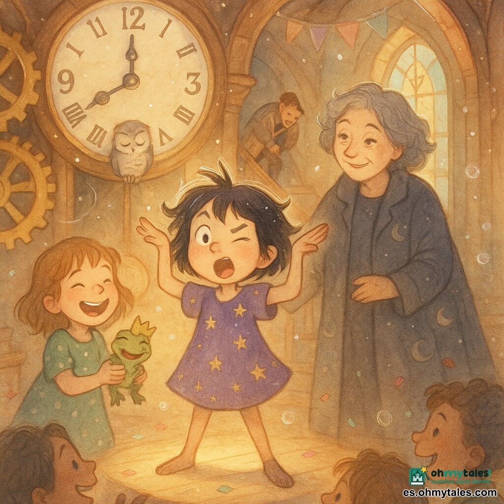 Luna, aprendiz de bruja de 8 años, alegre y traviesa, cabello negro alborotado, vestido corto violeta con estrellas doradas, hace una mueca exagerada (un ojo abierto, otro entrecerrado, boca en forma de campana, manos en alto como agujas de reloj). Clarita, niña distraída de 7 años, con vestido verde de lunares, sostiene una pequeña rana oliva con corona de papel y ríe a la izquierda de Luna. Bruno, mago de unos 30 años, lleva gran capa a rayas, cejas exageradas y hace una reverencia cómica desde el fondo cerca de las escaleras. La directora, mujer madura con abrigo oscuro bordado con lunas, sonríe y pone una mano sobre el hombro de Luna a la derecha. Un pequeño búho gris duerme en la cuerda del péndulo del gran reloj del fondo, con un ojo curioso abierto. Escenario: interior de una vieja torre de reloj de madera con suelos brillantes, ventanas arqueadas con vitrales, engranajes dorados visibles y guirnaldas de papel pastel. Situación: Luna en una pequeña tarima ilumina la sala con su mueca, los niños del público ríen, las agujas del reloj parecen moverse solas y flotan confeti y burbujas de jabón.