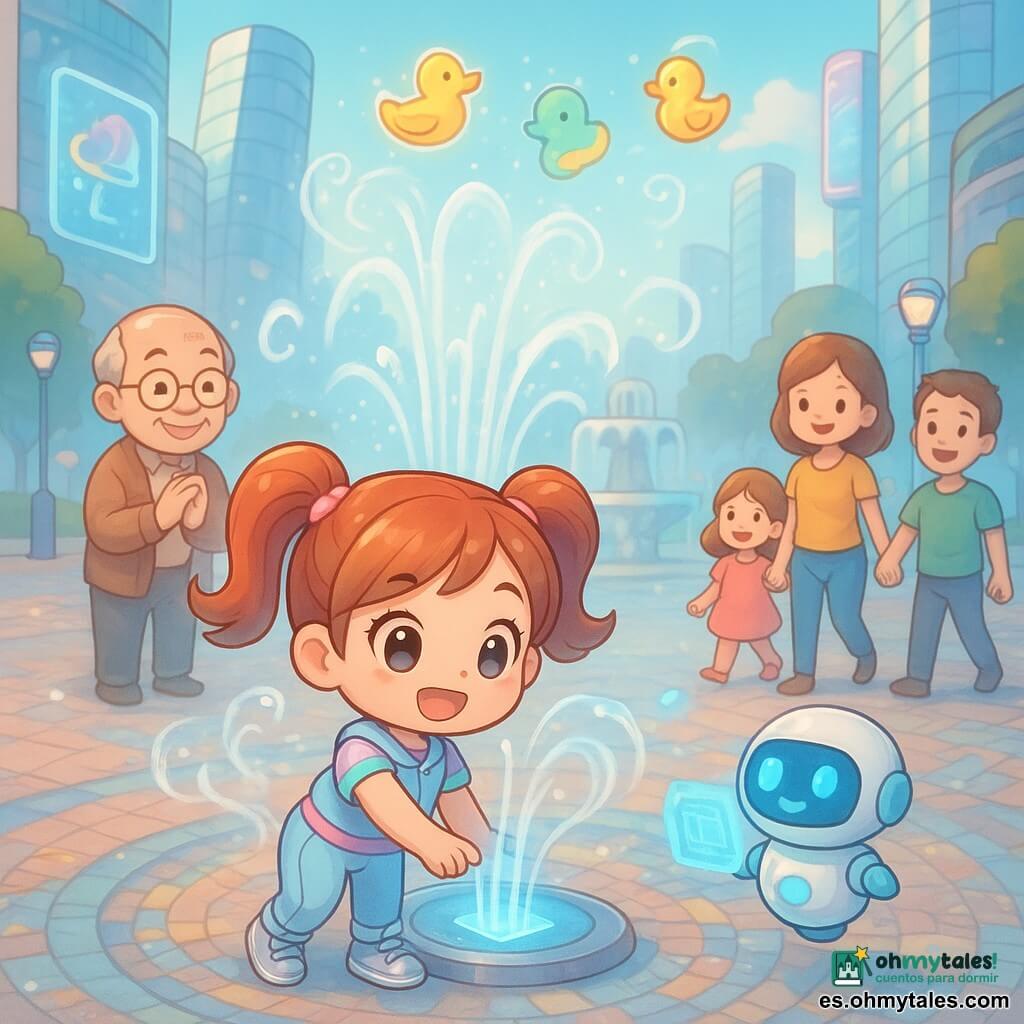 Luna, una niña de 6 años radiante con coletas, ropa futurista pastel y zapatillas plateadas, toca un panel luminoso en el centro de una plaza redonda para activar chorros de agua y una brisa fresca; a su lado flota Dodo, un pequeño robot redondo que parpadea en azul y proyecta un holograma de mapa; un hombre mayor de unos 70 años con gafas redondas aplaude junto a una fuente, y una pareja (ella ~35, él ~37) camina de la mano con dos niños (una niña de 8 y un niño de 4) riendo mientras siguen flechas holográficas; patos holográficos coloridos giran sobre los chorros; la plaza, rodeada de rascacielos torcidos de vidrio, paneles holográficos flotantes y farolas neón pastel, tiene mosaicos luminosos y pequeñas canales de agua; las columnas de agua forman arcos brillantes y la brisa plateada refresca a todos que se reúnen sonriendo alrededor de las fuentes.