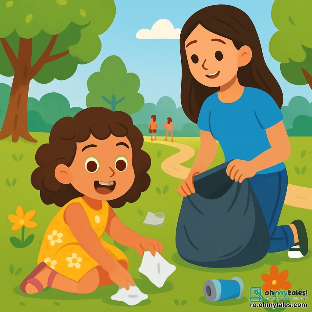 O fetiță de 4 ani, cu părul castaniu și creț, zâmbitoare și plină de energie, este în genunchi pe iarba verde a parcului, adunând gunoaie cu un zâmbet larg pe față. Poartă o rochie galbenă cu flori și sandale roz, iar ochii ei strălucesc de determinare. Lângă ea, mama ei, o femeie de aproximativ 30 de ani, cu părul lung și drept, îmbrăcată într-un tricou albastru și blugi, o încurajează cu un privire mândră, ținând un sac mare de gunoi. Parcul este vast și luminos, plin de copaci mari cu frunze verzi strălucitoare, flori colorate care dansează în vânt și un drum de pietriș care șerpuiește prin spațiu. În depărtare, copii se joacă vesel, adăugând o notă de viață scenei. Această situație arată fetița și mama ei în acțiune, adunând gunoaie pentru a face parcul mai curat și mai frumos, ilustrând importanța de a avea grijă de natură cu entuziasm și bucurie.