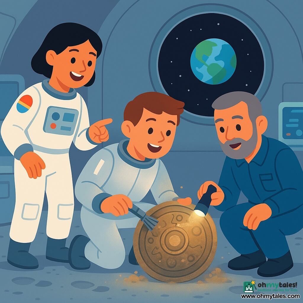An adult man named Max with a round face and short brown hair in a shiny silver spacesuit, kneeling and smiling as he gently brushes an ancient small shield coated with lunar dust; a 30-year-old female astronaut with short black hair in a white suit with colorful patches stands to the left, pointing at the shield and smiling at Max; a 45-year-old male engineer with a short gray beard in a blue suit crouches to the right holding a small LED lamp that illuminates the shield's symbols. Setting: interior of a round lunar base with smooth metal walls, light-gray footprints on the floor, pastel high-tech instruments, and a large porthole behind them showing Earth in the starry black sky. Scene: joyful discovery of an ancient artifact on the dusty lunar floor with warm light on the shield, small dust clouds rising gently, cooperative and surprised atmosphere. Style: vivid contrasting colors, simple rounded shapes, soft shadows, flat textures, composition centered on the trio and the shield.