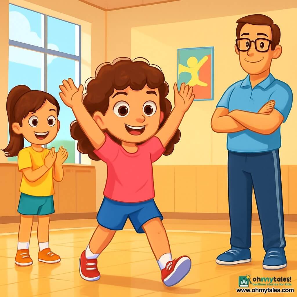 An 8-year-old girl, Maya, with curly brown hair and sparkling eyes, stands center stage, smiling with a glimmer of determination in her gaze. She wears a bright pink t-shirt and blue shorts, ready to attempt a cartwheel on the gym's shiny floor. Next to her, her friend Layla, also 8, with long, smooth hair tied in a ponytail, enthusiastically claps, her eyes shining with encouragement. A little further away, Mr. Felix, the gym teacher, a tall man with glasses and a warm smile, watches proudly with his arms crossed, ready to cheer on the children's efforts. The spacious gym has large windows letting in sunlight, and the polished wooden floor reflects the bright colors of the children's clothing. Posters of sports and games decorate the walls, adding a cheerful touch to the environment. Maya prepares to do a cartwheel, her arms raised, her face glowing with confidence and excitement as she gets ready to shine like a star on the gym floor.