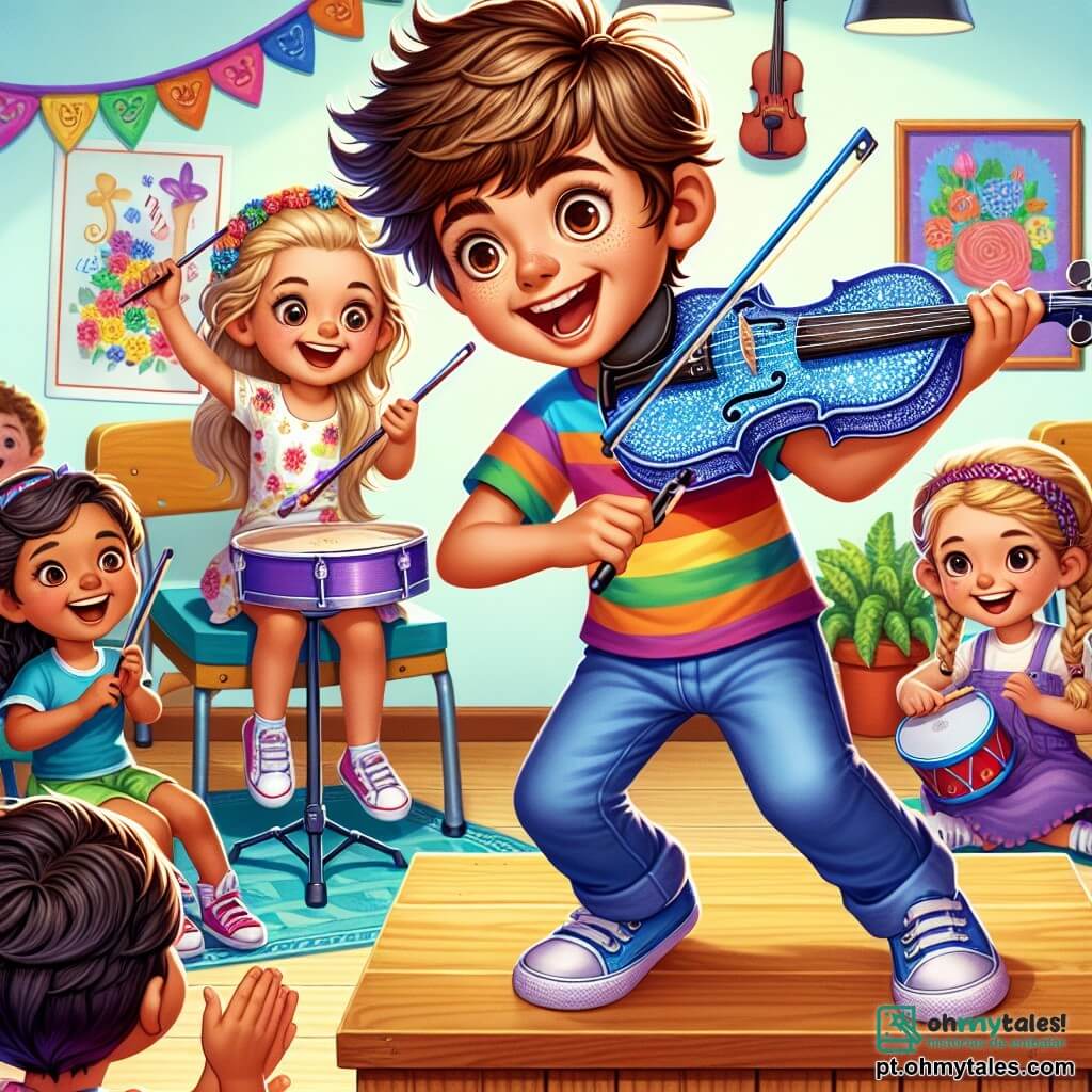 Um menino chamado Pedro, com cerca de 10 anos, cabelos castanhos bagunçados e um grande sorriso, toca seu violino azul brilhante em um pequeno palco de madeira. Ele veste uma camiseta colorida e jeans, com os olhos brilhando de excitação. Ao seu lado, Sofia, uma menina de 8 anos com cabelos loiros trançados, segura o violino azul com admiração, pronta para tocar. Ao fundo, Lucas, um menino de 9 anos, está sentado ao piano, concentrado, enquanto Ana, uma menina de 7 anos, bate alegremente em um tambor, todos sorrindo entusiasmados. O local é uma sala de aula decorada com guirlandas coloridas e desenhos de instrumentos musicais nas paredes, com crianças aplaudindo e sorrindo. A cena principal mostra Pedro e seus amigos tocando juntos, criando uma melodia alegre, cheia de risos e energia, enquanto o público os incentiva com aplausos.