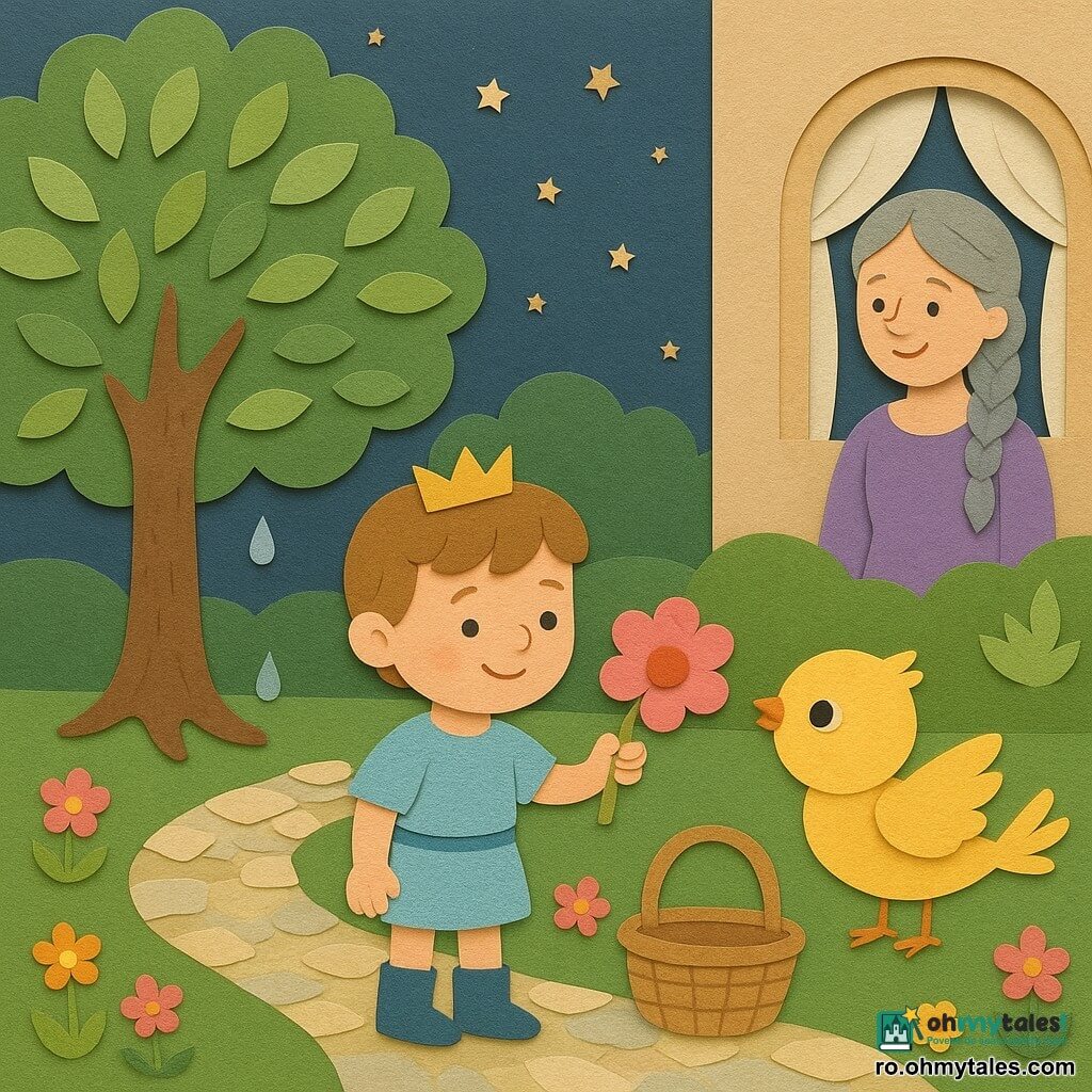 Un prinț băiat zâmbitor cu păr șaten deschis, purtând o mică coroană aurie și o rochie scurtă bleu cu botine, întinde o mare floare roz deasupra unui coș de nuiele la picioarele sale. O fetiță-pasăre cu pene galbene și ochi rotunzi stă pe o creangă joasă în dreapta prințului și primește floarea cu un mic fluture de aripi. O regină matură cu păr gri împletit și rochie lavandă stă în fundal lângă o fereastră rotundă a palatului, zâmbind. Un copac mare cu trunchi maro texturat ca hârtia și frunze verzi în straturi, cu picături strălucitoare lângă rădăcini unde prințul toarnă apă. Locul: grădină de palat lângă un lac negru cu reflexe stele, alei din mozaic deschis, covor de flori mici colorate și o fereastră rotundă cu perdea albă pliată din hârtie. Atmosferă blândă, culori pastel contrastante, texturi de hârtie suprapuse, forme simple și contururi clare.