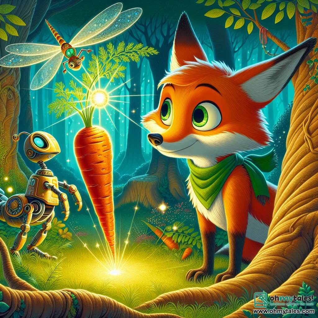 A clever and elegant fox named Felix stands at the center of the scene, with bright orange fur and a bushy tail. His eyes sparkle with excitement and curiosity as he examines a glowing floating carrot, a symbol of magic and science. Next to him, a small mechanical dragonfly named Zipp, with shimmering wings and a colorful metal body, vibrates with energy, ready to assist him in his adventure. In the background, the Whispering Forest rises majestically, with twisted tree trunks and shimmering leaves that seem to whisper secrets. Rays of light filter through the foliage, creating a magical and mysterious atmosphere. The main scene shows Felix and Zipp discovering the cosmic carrot, surrounded by a sparkling spiderweb woven by a mysterious spider, who observes them with an intrigued gaze. The air is charged with magic, and Felix's expression reflects both determination and wonder at this unexpected encounter.