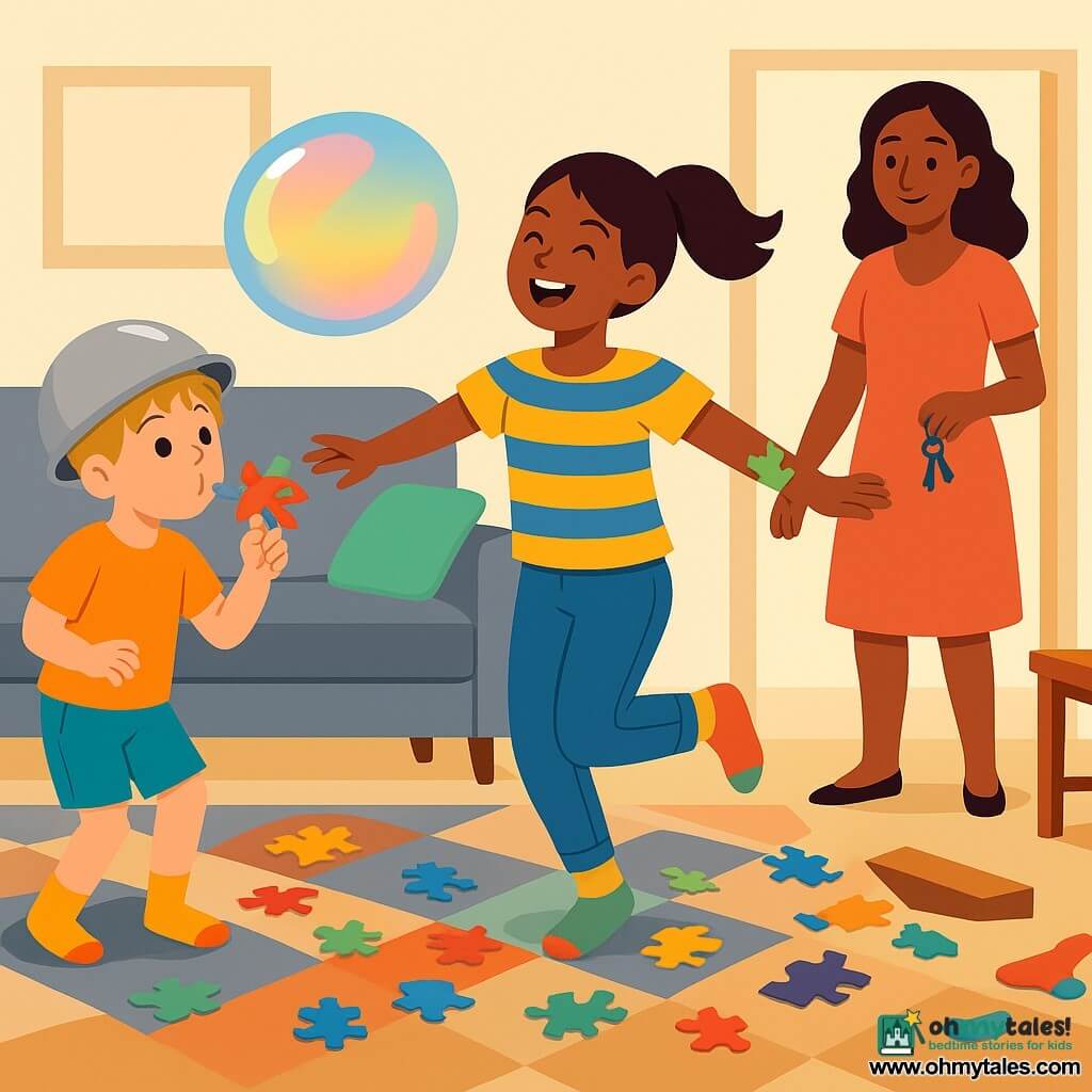 A joyful, chaotic living-room scene: a laughing 10-year-old girl with a brown ponytail, yellow-and-blue striped T-shirt, jeans and mismatched socks, puzzle stickers on her arm, spinning while holding a puzzle piece; a wide-eyed, mischievous 6-year-old blond boy with messy hair wearing a mixing bowl as a helmet, standing left of the girl and blowing a large rainbow-reflecting soap bubble near the puzzle table while proudly holding a small dragon-decorated puzzle piece; a smiling, indulgent mother of about 35 in a simple dress holding keys in the doorway watching; messy room with a gray sofa and scattered cushions, a pile of colorful books, a geometric rug, an overturned coffee table, multicolored puzzle pieces and stray socks on the floor; clear style, simple shapes, bright contrasting colors, soft shadows, readable expressions and dynamic poses.