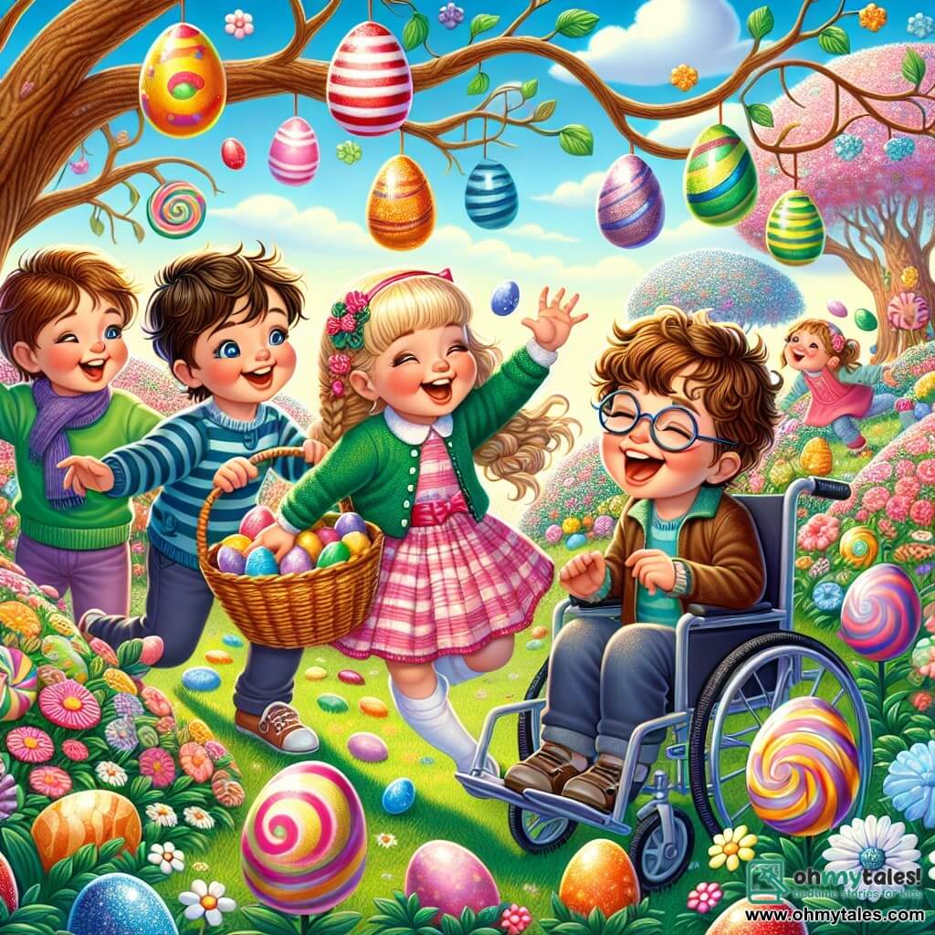 In the center of the image, four children are gathered: 1. Max, a 10-year-old boy with messy brown hair and a mischievous smile, stands on the left holding a basket full of colorful eggs. 2. Mia, a 9-year-old girl with braided blonde hair and round glasses, jumps for joy next to Max, her arms raised to the sky. 3. Sam, a 10-year-old boy with brown hair and glasses, bends down to pick up a shiny egg under a tree to the right of Max. 4. Lily, an 8-year-old girl with curly hair and a big smile, sits in her wheelchair surrounded by colorful flowers, admiring her friends. The setting is an enchanted garden with candy cane trees under a bright blue sky dotted with candy-shaped clouds. Flowers sing softly, and Easter eggs sparkle in the green grass, creating a magical atmosphere. The main scene shows the children in the midst of an egg hunt, laughing and helping each other find hidden treasures, while Sir Hopsalot, a small rabbit in a vest, watches them with a kind smile, adding a touch of magic to their adventure.