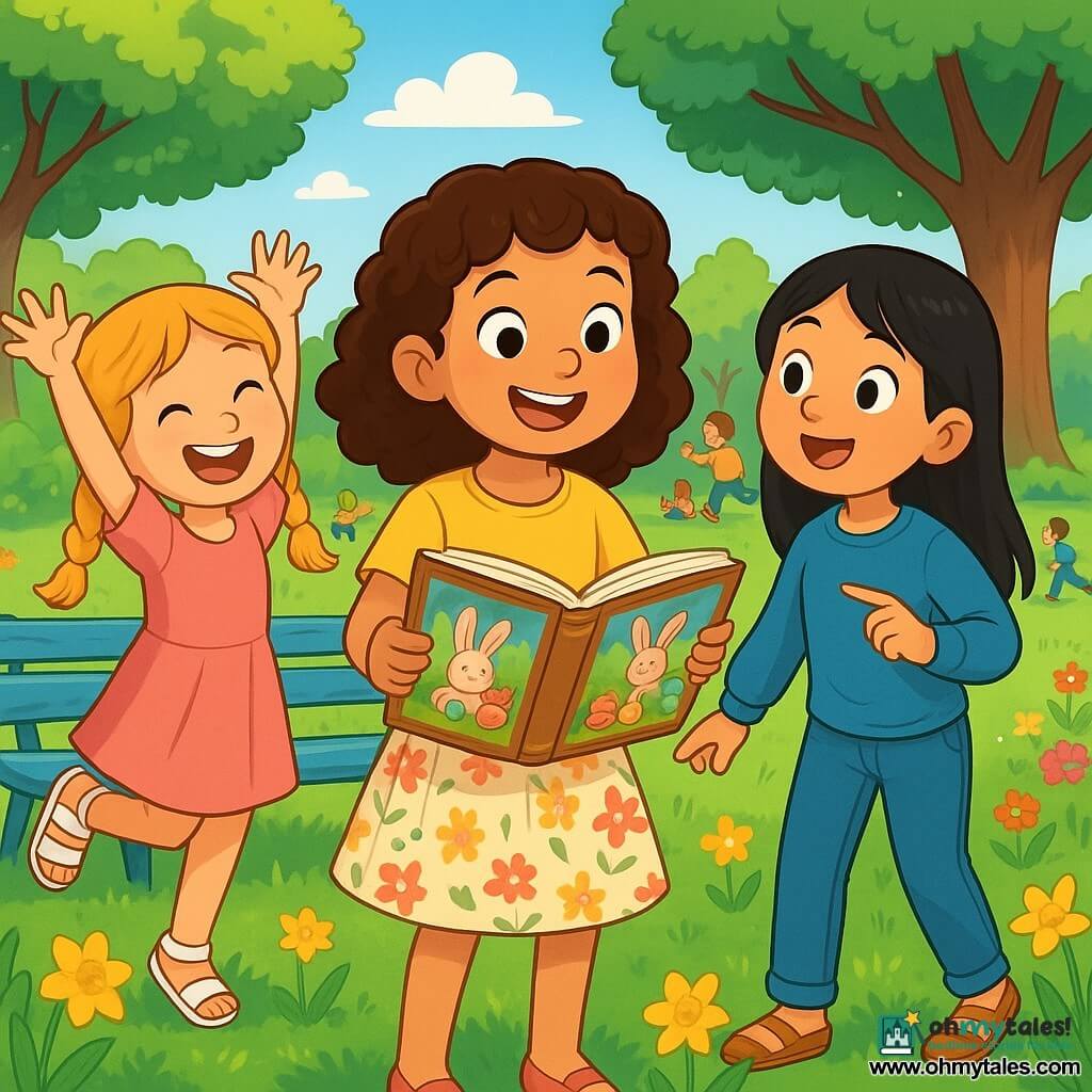 There are 3 characters: - Hardy: a 9-year-old girl with curly brown hair, wearing a yellow t-shirt and a flower skirt. She stands in the center, holding an open old book, with a big smile on her face. - Mia: an 8-year-old girl with braided blonde hair, dressed in a pink dress and white sandals. She is to the left of Hardy, bouncing with excitement, arms raised in the air. - Lila: a 9-year-old girl with straight black hair, wearing a blue sweater and jeans. She is to the right of Hardy, pointing at a large tree in the background, her eyes sparkling with wonder. The setting is a sunny park filled with colorful flowers and tall trees with bright green leaves. In the center, an old blue-painted wooden bench is surrounded by golden daffodils dancing in the wind. In the background, children are playing and laughing while families picnic on checkered blankets. The main scene shows the three friends discovering an old Easter storybook with illustrations of rabbits and colored eggs, as they stand together, ready to embark on an adventure to follow the magical trail of Easter eggs.