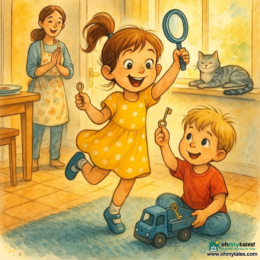 A joyful scene of a 6-year-old girl with big curious eyes and light brown pigtails in a yellow polka-dot dress holding a plastic magnifying glass and jumping as she discovers a key; Max, about 3, with messy blond hair in a red t-shirt sits on the living-room rug near the coffee table holding a small shiny key in the tray of his blue toy truck; their mother with tied brown hair in a floral apron stands by the kitchen door a few steps behind, smiling and clapping; the tabby cat Whiskers lounges on the windowsill watching; warm sunny kitchen with light tile, wooden table with colorful plates, white fridge with magnets and a plush rug in the foreground; centered composition, exuberant expressions and soft morning light.