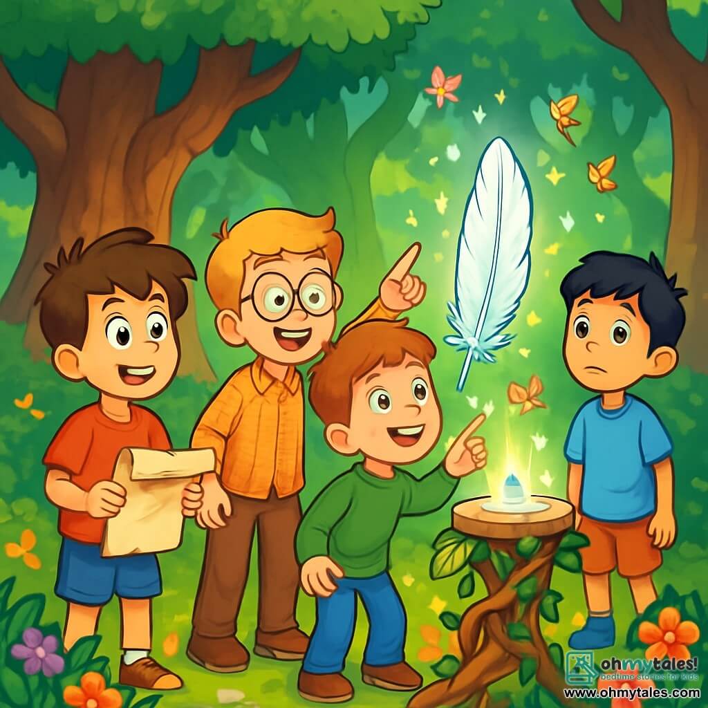There are four children: Oliver, a 9-year-old boy with messy brown hair and curious sparkling eyes, wearing a red t-shirt and blue shorts, holding a scroll in his hands; Ethan, a 9-year-old boy with blonde hair and round glasses, dressed in a checkered shirt and beige pants, smiling enthusiastically as he looks ahead; Jasper, a 9-year-old boy with brown hair and freckles, wearing a green sweater and jeans, pointing at a majestic tree in fascination; and Leo, a 9-year-old boy with black hair and bright eyes, dressed in a light blue t-shirt and orange shorts, standing slightly back, watching the others with wonder. The main setting is a magical clearing in the heart of the Whispering Woods, surrounded by giant, gnarled trees with shimmering leaves, vibrant flowers at their feet, and a sweet scent of nature in the air. In the center stands an ancient oak with twisted roots and rough bark, creating an enchanted atmosphere. The story's main event shows the four friends discovering the Silver Feather, a sparkling silver plume on a pedestal of vines, their faces lit up with the magic of the moment as colorful pixies fly around them, adding a touch of whimsy to the scene.