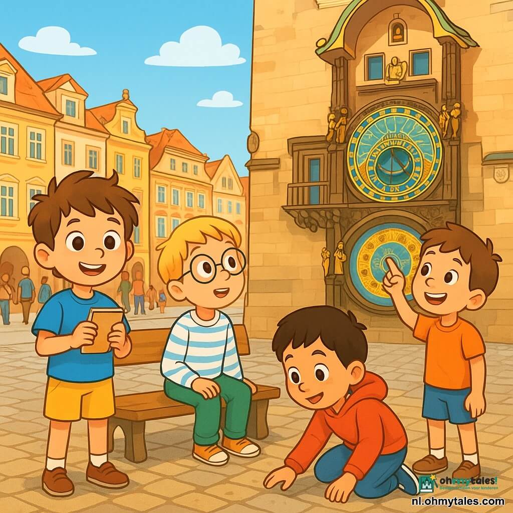 Er zijn 4 kinderen: Timo: een 5-jarig jongetje met rommelig bruin haar en sprankelende ogen. Hij draagt een blauwe t-shirt en een gele short. Hij staat, glimlachend, met een klein notitieboekje in zijn handen. Milo: een 6-jarig jongetje met blond haar en ronde bril. Hij draagt een gestreepte shirt en groene broek. Hij zit op een bank, met verwondering naar de stad te kijken. Sam: een 5-jarig jongetje met zwart haar en sproeten. Hij draagt een rode sweatshirt en jeans. Hij zit op zijn hurken, met nieuwsgierigheid naar de straatstenen te kijken. Raf: een 5-jarig jongetje met kastanjebruin haar en een grote glimlach. Hij draagt een oranje t-shirt en een blauwe short. Hij staat naast Timo en wijst naar een grote klok op een gebouw. De scène speelt zich af op een mooi plein in Praag, met oude gebouwen met kleurrijke gevels, glanzende straatstenen onder de ochtendzon, en een grote klok versierd met gouden sculpturen die de aandacht van de kinderen trekt. Mensen van verschillende nationaliteiten wandelen om hen heen, wat leven aan deze levendige scène toevoegt. De kinderen zijn verwonderd door de schoonheid van de stad, ontdekken samen de magie van Praag, met glimlachen op hun gezichten en ogen vol nieuwsgierigheid. Ze zijn omringd door oude standbeelden en een vrolijke sfeer, klaar om nieuwe avonturen te beleven.