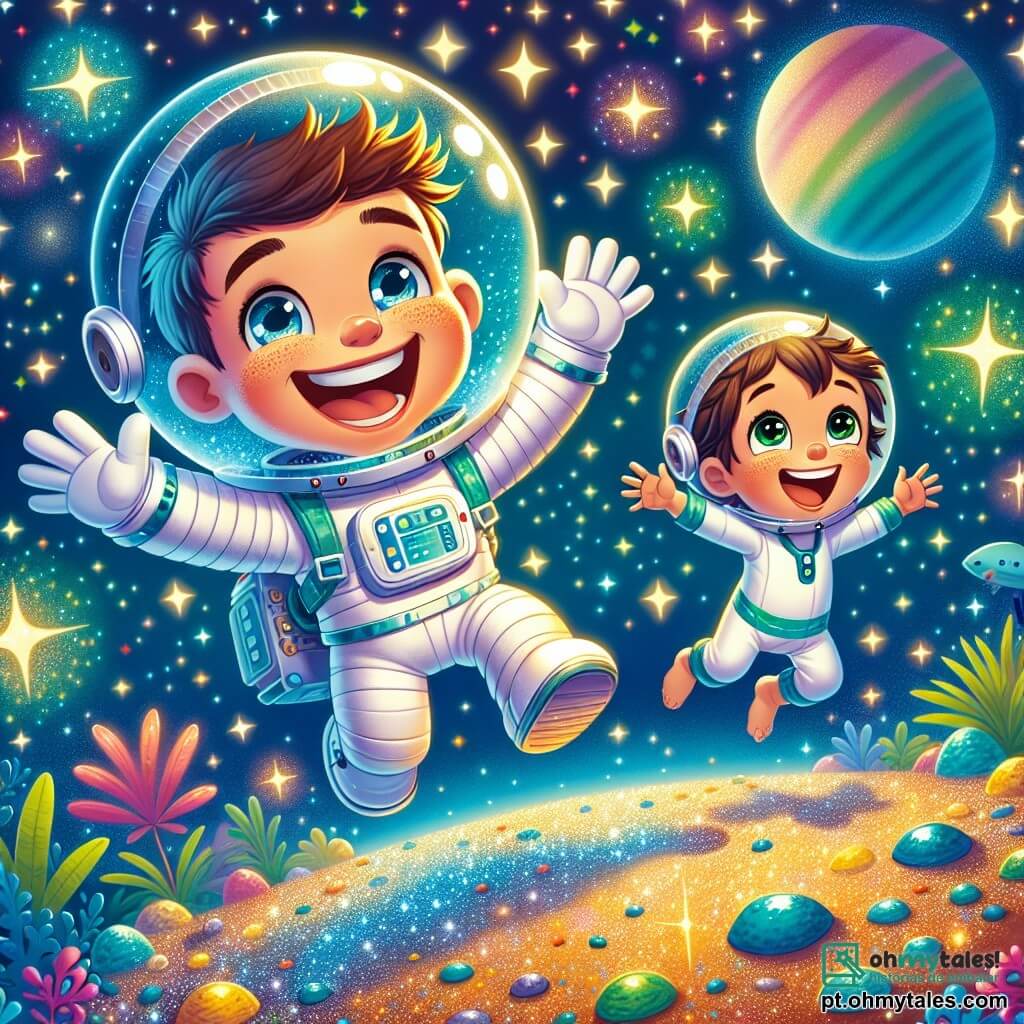 Um astronauta chamado Tomás, com um grande sorriso e olhos brilhantes, flutua no espaço, vestido com um traje espacial branco e um capacete transparente. Ele é cercado por estrelas cintilantes e planetas coloridos. Ao seu lado, um garoto de 8 anos chamado Leo, com cabelos castanhos bagunçados e um olhar maravilhado, também usa um pequeno capacete de astronauta e salta de alegria, com os braços levantados para o céu estrelado. A cena acontece no planeta Brilhantina, onde o solo é coberto de pequenas pedras brilhantes e plantas coloridas que cintilam sob a luz das estrelas. Tomás e Leo exploram juntos esse lugar fascinante, rindo e admirando a beleza do universo, enquanto uma suave melodia flutua no ar, criando uma atmosfera mágica e alegre.