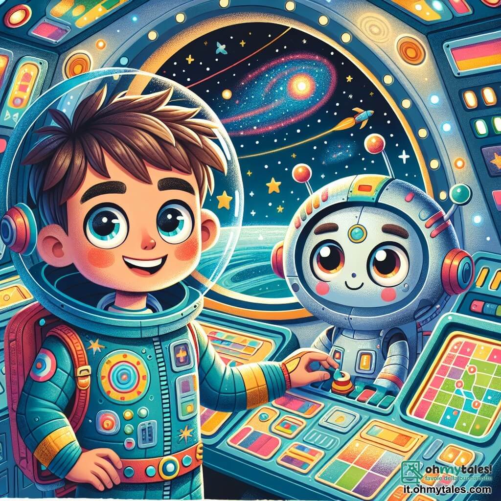 Marco, un uomo di circa trent'anni con capelli castani disordinati e occhiali tondi, si trova all'interno del suo razzo colorato, gli occhi brillanti di eccitazione. Indossa una tuta spaziale blu decorata con motivi stellati e sorride guardando fuori dal oblò, meravigliato dalla bellezza dell'universo. Accanto a lui, un robot amichevole con un corpo in metallo argentato e occhi luminosi regola i comandi del cruscotto, apparendo concentrato e pronto ad aiutare Marco nella sua avventura. L'interno del razzo è pieno di luci scintillanti e pulsanti colorati, con schermi che mostrano mappe stellari e immagini di pianeti lontani. All'esterno si vede un cielo stellato con nebulose colorate e stelle cadenti. La scena principale mostra Marco e il suo robot mentre preparano il lancio della loro missione spaziale, ansiosi di scoprire nuovi mondi e vivere avventure straordinarie tra le stelle.