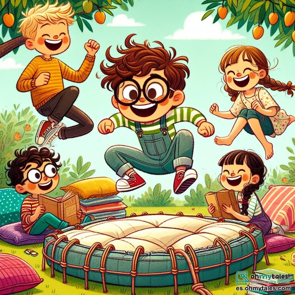 Un niño de 10 años, llamado Nacho, con el cabello castaño revuelto y una gran sonrisa traviesa, está en el centro de la imagen, saltando alegremente en un trampolín improvisado hecho de cojines de colores y cuerdas elásticas. A su derecha, Lucas, un niño alto y delgado de 10 años, con gafas redondas y cabello rubio, se ríe a carcajadas mientras sostiene una vieja colchoneta, listo para saltar. A la izquierda, Sara, una niña de 10 años con trenzas castañas y gafas, observa con una expresión divertida, sosteniendo una caja de galletas que trajo para la merienda. Mateo, el más pequeño del grupo, un niño de 8 años con cabello negro y ojos brillantes, está sentado en el suelo, rodeado de cojines, riendo y aplaudiendo, ansioso por unirse a sus amigos. La escena tiene lugar en un parque soleado, con un gran árbol de mango al fondo, sus ramas cargadas de frutas doradas, y un cielo azul salpicado de nubes blancas. Los amigos están rodeados de flores coloridas y hierba verde, creando una atmósfera alegre y lúdica. La situación principal muestra a Nacho y sus amigos saltando, riendo, listos para embarcarse en una aventura imaginaria, con estrellas dibujadas a su alrededor simbolizando su sueño de alcanzar la luna.