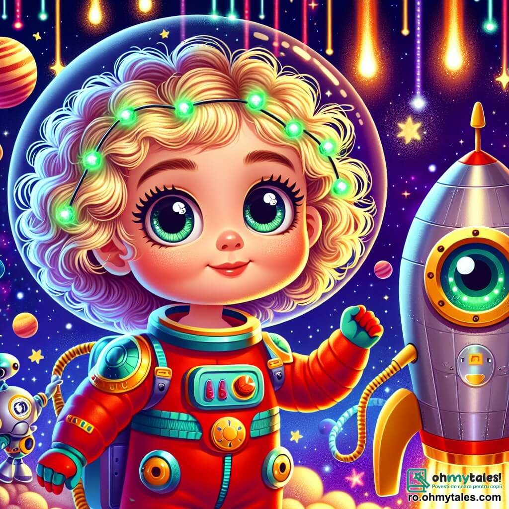 Mara, o fetiță cu părul creț și auriu, poartă o costum de astronaut roșu strălucitor cu lumini verzi sclipitoare. Are un zâmbet mare pe față, cu ochii strălucind de entuziasm, în timp ce stă lângă racheta ei. Aproape, un mic robot prietenos, cu un corp argintiu și ochi luminoși, îi întinde o mână metalică, pregătit să o ajute în aventură. Decorul este un vast spațiu înstelat, plin de planete colorate și comete, cu nori de praf stelar strălucitor. Mara este pe cale să urce în racheta ei pentru a explora universul, nerăbdătoare să descopere lumi noi și să își facă prieteni printre stele.