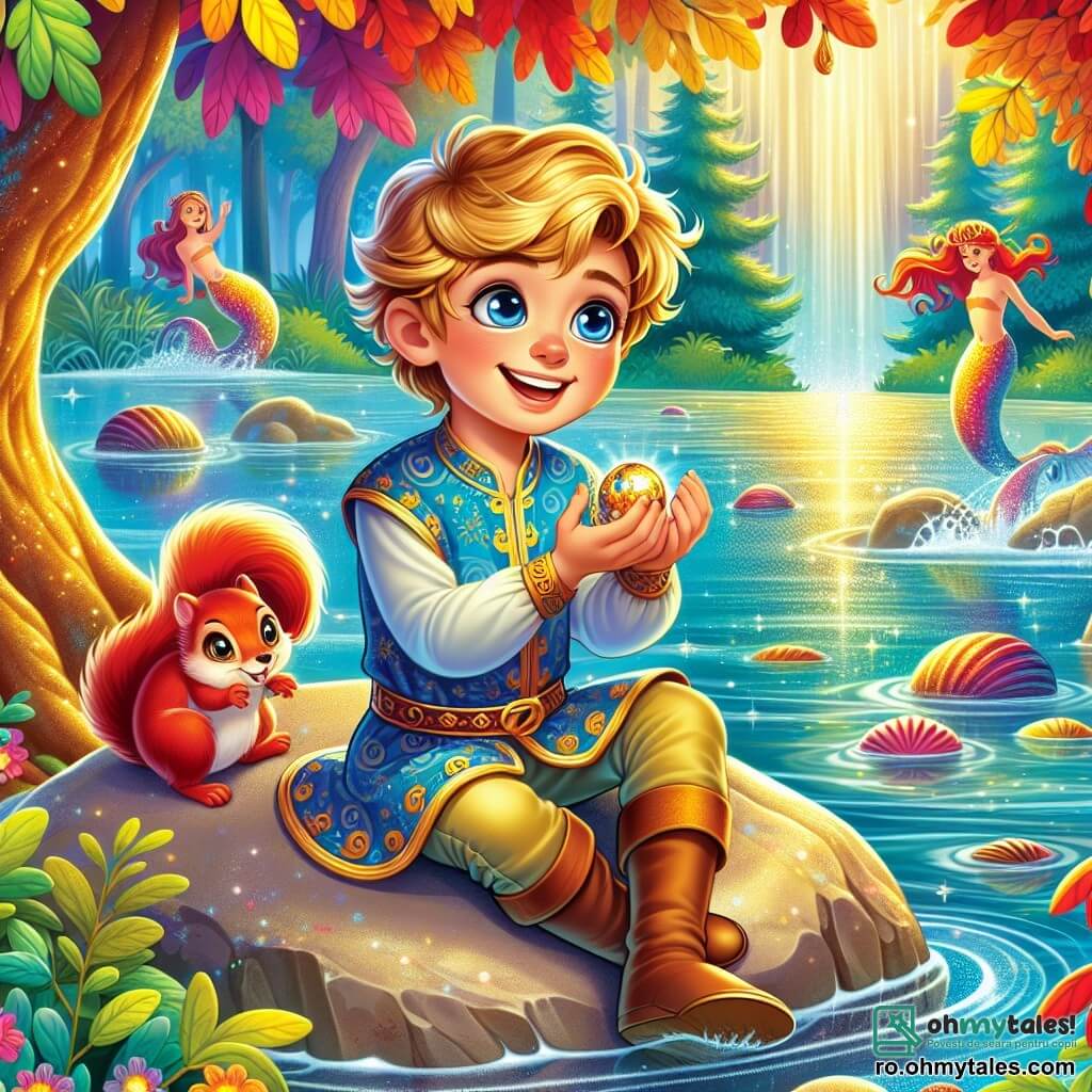 Un tânăr prinț, Flori, în vârstă de aproximativ 10 ani, cu părul auriu și ochi strălucitori de curiozitate, stă pe o piatră mare lângă un lac sclipitor. Poartă o tunică albastră împodobită cu motive aurii și un zâmbet radiant îi luminează fața, în timp ce ține în mâini o perlă strălucitoare pe care tocmai a găsit-o. Lângă el, o veveriță roșcată, jucăușă și plină de energie, se cațără pe piciorul său, pregătită să-l ajute în căutarea sa. În fundal, lacul este înconjurat de copaci majestuoși cu frunziș colorat, iar flori strălucitoare dansează în bătaia vântului. Sirene cu părul colorat ies din apă, cântând cu bucurie, în timp ce scoici strălucitoare plutesc la suprafață. Situația principală arată cum Flori și veverița caută comori în apă, înconjurați de magia și frumusețea naturii, cu râsete și bucurie umplând aerul.
