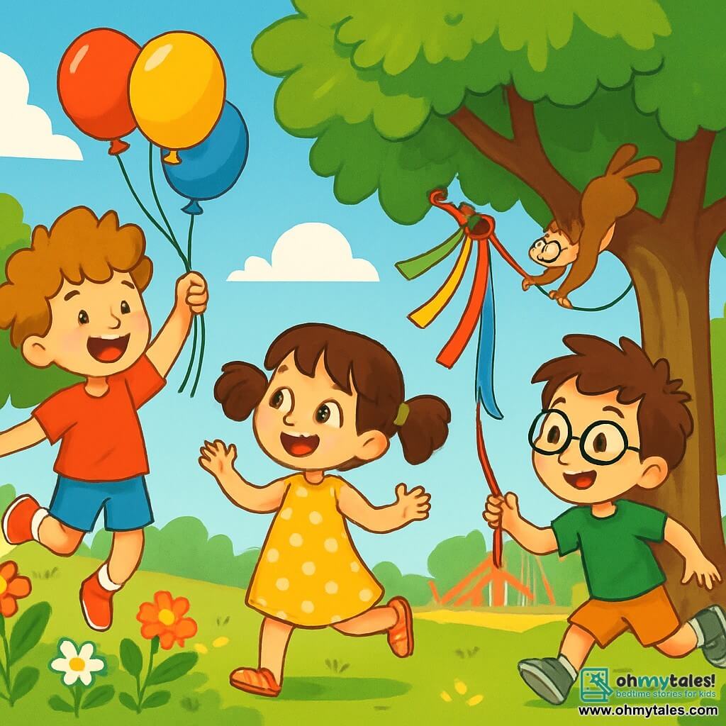 There are 3 characters: Max, a 6-year-old boy with curly, messy hair like a cloud, wearing a red t-shirt and blue shorts, joyfully jumping while holding colorful balloons. Lily, a 6-year-old girl with sparkling eyes and bouncing pigtails, wears a yellow polka dot dress and sandals, smiling as she watches the balloons float away. Benny, a 6-year-old boy with round glasses and tousled brown hair, is in a green t-shirt and shorts, running after a mischievous squirrel while laughing. The setting is a sunny park filled with tall trees with bright green leaves, colorful flowers dancing in the wind, and a lively playground where other children are playing. The main scene shows Max, Lily, and Benny chasing a playful squirrel tugging at a ribbon from their balloon catcher made of sticks and colorful ribbons, while multicolored balloons happily float in the blue sky. The children's faces are filled with laughter and excitement, creating a lively and friendly atmosphere.