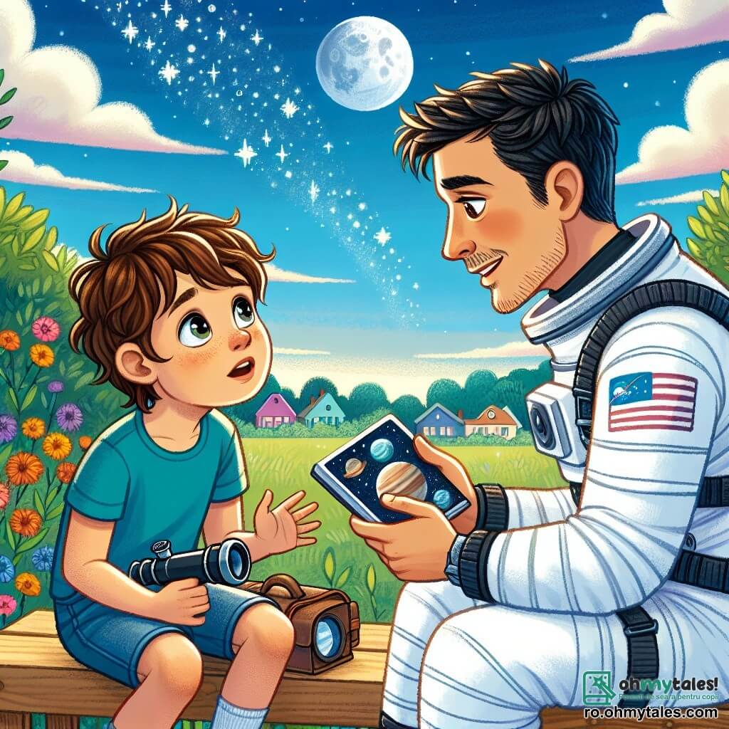 În prim-plan, un băiat de 12 ani, Andrei, cu părul castaniu și ochi strălucitori de curiozitate, privește cu uimire un astronaut în uniformă albă, Alex, care are aproximativ 40 de ani, cu păr scurt și barbă bine întreținută. Andrei ține un telescop mic în mâini, în timp ce Alex îi arată imagini cu planete pe o tabletă. În fundal, un cer albastru strălucitor este presărat cu nori albi, iar un mic oraș se conturează cu case colorate și copaci verzi. Scena se desfășoară într-un parc liniștit, cu o bancă veche din lemn unde cei doi personaje sunt așezați, înconjurați de flori multicolore. Situația principală îl arată pe Andrei, fascinat, ascultând cu atenție poveștile lui Alex despre călătoriile sale în spațiu, în timp ce stelele strălucitoare încep să apară pe cer la amurg, simbolizând visele de explorare ale lui Andrei.