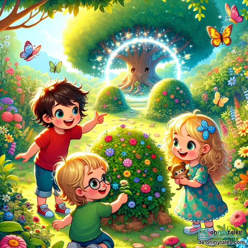 In einem sonnigen Garten stehen vier kleine Abenteurer neben einem magischen Busch. Tommy, ein drei Jahre alter Junge mit zerzausten braunen Haaren und einem roten T-Shirt, lächelt und zeigt auf den Busch. Emma, ein drei Jahre altes Mädchen mit hübschen blonden Zöpfen und einem Blumenkleid, schaut den Busch mit staunenden Augen an. Max, ein drei Jahre alter Junge mit runden Brillen und einem blauen T-Shirt, hockt und sammelt bunte Steine auf. Lili, ein drei Jahre altes Mädchen mit lockigem Haar und einem grünen T-Shirt, hält einen kleinen Vogel in ihren Händen und schaut ihn zärtlich an. Der Garten ist voller leuchtender Blumen, schwirrender Schmetterlinge und eines majestätischen großen Baumes im Hintergrund. Die Kinder entdecken ein funkelndes Tor hinter dem Busch, bereit, in eine magische Welt voller Abenteuer einzutreten.