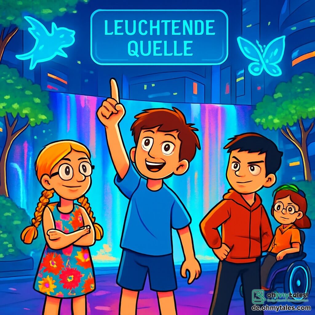 Es gibt 4 Kinder: - Lukas: ein 11-jähriger Junge mit zerzausten braunen Haaren und neugierigen Augen. Er trägt ein leuchtend blaues T-Shirt und Shorts. Er steht in der Mitte und zeigt begeistert zum Himmel. - Mia: ein 10-jähriges Mädchen mit langen, geflochtenen blonden Haaren und runden Brillen. Sie trägt ein farbenfrohes Kleid mit Blumenmustern. Sie steht links von Lukas, hat die Arme verschränkt und lächelt aufgeregt. - Niko: ein 11-jähriger Junge mit schwarzen Haaren und dunklen Augen. Er trägt einen roten Kapuzenpullover und schwarze Hosen. Er steht rechts von Lukas, hat die Hände in die Hüften gestützt und zeigt einen herausfordernden Gesichtsausdruck. - Leona: ein 10-jähriges Mädchen mit kastanienbraunen Haaren und Sonnenbrille auf dem Kopf. Sie sitzt in einem futuristischen Elektrorollstuhl, der mit LED-Lichtern dekoriert ist. Sie ist leicht im Hintergrund und lächelt stolz, während sie ihre Freunde beobachtet. Der Ort ist die Leuchtende Quelle, ein magischer Raum im Herzen der futuristischen Stadt NovaLuma. Glitzernde Wasserfälle fallen in Kaskaden, beleuchtet von bunten Lichtern. Hologramme fliegender Tiere tanzen um sie herum und werfen lebendige Schatten auf den Boden. Bäume mit leuchtenden Blättern umgeben die Szene und schaffen eine märchenhafte Atmosphäre. Die Hauptsituation der Geschichte zeigt die Kinder, die ein verborgenes, altes Labor entdecken, wo ein holographischer Bildschirm aufleuchtet und technologische Geheimnisse offenbart. Sie sind fasziniert und neugierig, bereit, die Geheimnisse ihrer futuristischen Stadt zu erkunden.