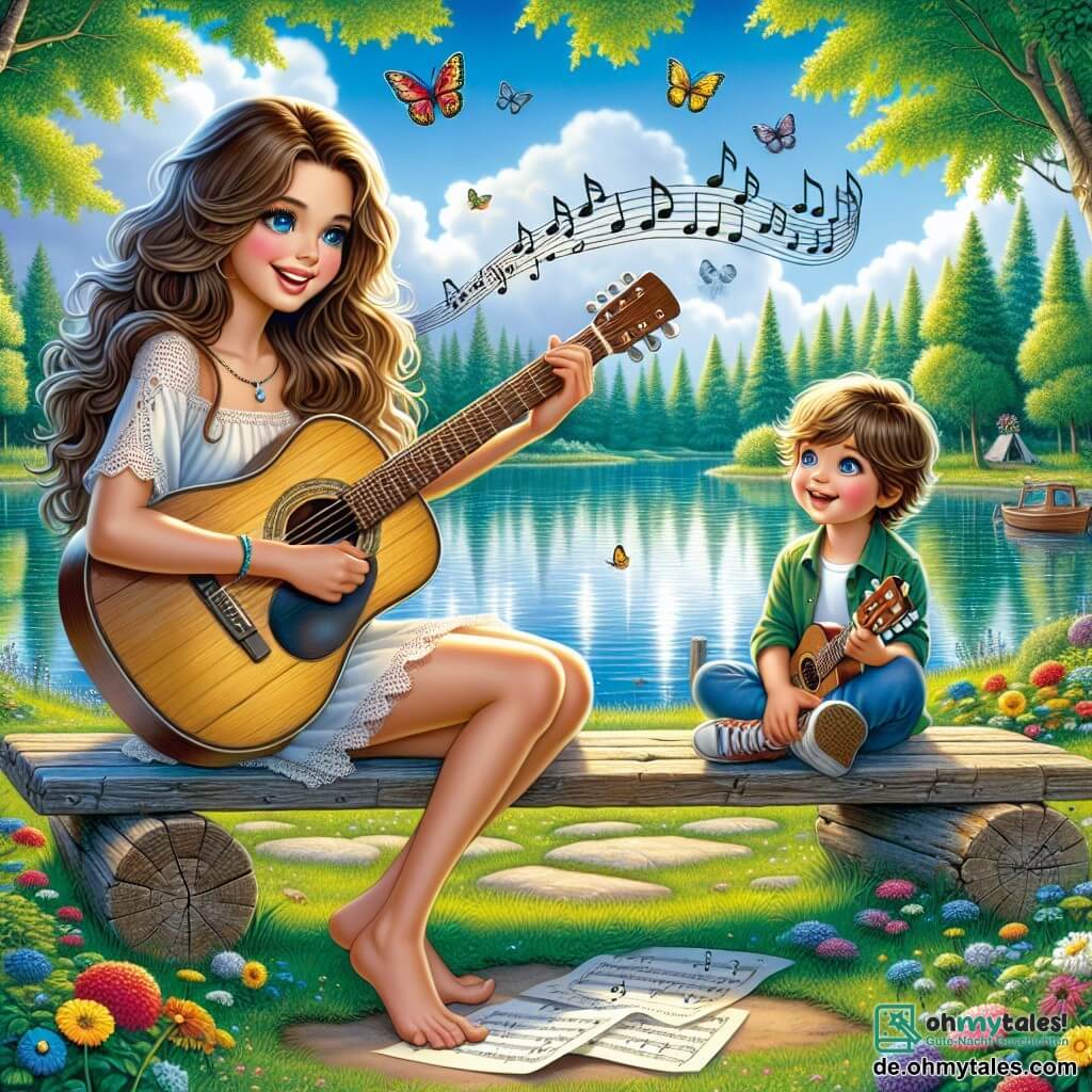 Eine junge Frau namens Lila, mit langen, gewellten braunen Haaren und strahlenden, fröhlichen Augen, sitzt auf einer alten Holzschaukel am Ufer eines glitzernden Sees. Sie spielt Gitarre, ein strahlendes Lächeln erhellt ihr Gesicht, während Musiknoten um sie herum wie bunte Schmetterlinge zu schweben scheinen. Neben ihr sitzt ein kleiner Junge namens Max, etwa 8 Jahre alt, mit zerzausten blonden Haaren und staunenden blauen Augen, der sie aufmerksam beobachtet. Er sitzt mit gekreuzten Beinen auf dem Boden und hält eine kleine Plastikgitarre, versucht, Lila nachzuahmen, mit einem konzentrierten Ausdruck. Die Umgebung ist bezaubernd: ein silberner See, umgeben von großen Bäumen mit lebhaften grünen Blättern, und ein hellblauer Himmel mit flauschigen weißen Wolken. Bunte Wildblumen säumen den Weg zur Schaukel und verleihen der Szene einen Hauch von Magie. Die Hauptsituation zeigt Lila, die Max beibringt, Gitarre zu spielen, und ihre Leidenschaft für Musik in einer beruhigenden und inspirierenden natürlichen Umgebung teilt, wo die Melodie des Windes sich mit ihrem Lachen vermischt.