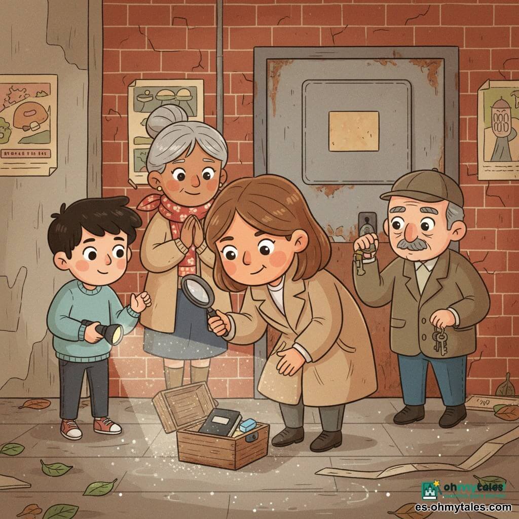 Detective Mara, mirada decidida y amable, rostro redondo, pelo castaño corto, abrigo beige algo arrugado, con lupa inclinada sobre una pequeña caja de madera polvorienta; Nico (niño ~10), asombrado, pelo negro despeinado, chaqueta azul, sostiene una linterna a la izquierda de Mara; Inés (bibliotecaria ~45), aliviada y dulce, moño canoso, pañuelo floral, de pie detrás junto a una puerta de estación con manos juntas; señor Ramírez (~65), avergonzado pero aliviado, gorrito y bigote gris, sostiene un manojo de llaves a la derecha y algo retirado; lugar: vieja estación abandonada con paredes de ladrillo desconchadas, carteles amarillentos, suelo húmedo con hojas y purpurina plateada, puerta metálica oxidada con candado; situación: descubrimiento tranquilo — cerradura abierta, caja abierta mostrando un cuaderno negro y una goma azul, haces de luz de linterna formando círculos suaves, ambiente cálido; paleta: pasteles cálidos (beige, azul claro, rosa pálido) con acentos plateados, líneas simples y texturas de papel y madera.