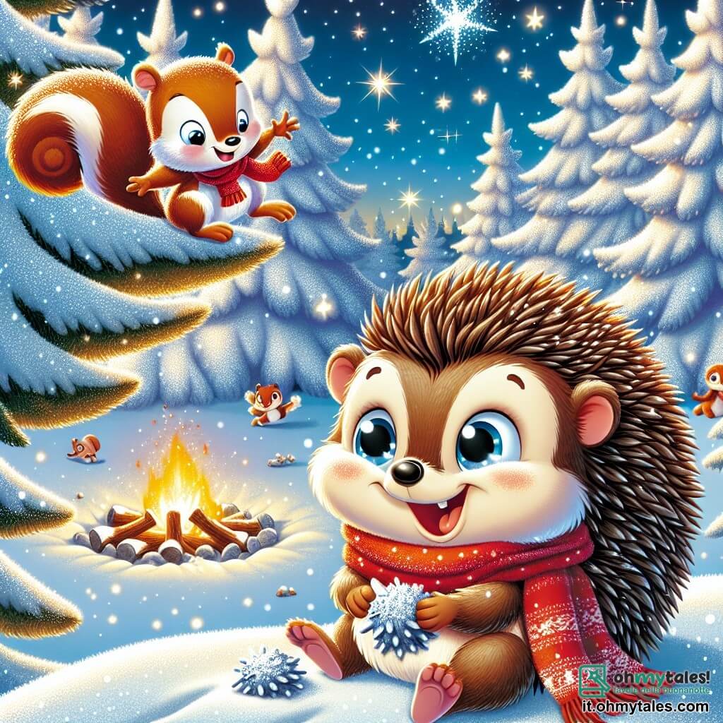 In una radura innevata, un piccolo Riccio di nome Riccardo, con le sue spine morbide e la pancia rotonda, è seduto su un cumulo di neve, gli occhi brillanti di gioia e un grande sorriso sul volto. Indossa una sciarpa rossa vivace che contrasta con il bianco splendente della neve. Accanto a lui, il suo amico Gigi lo Scoiattolo, con il suo pelo marrone e la coda folta, salta allegramente da un ramo all'altro, ridendo e lanciando fiocchi di neve nell'aria, il volto illuminato dall'eccitazione. Il paesaggio è un magnifico scenario invernale: alberi maestosi coperti di neve scintillante, stelle brillanti in un cielo azzurro chiaro, e un grande falò al centro, dove altri animali del bosco si riuniscono per celebrare la magia dell'inverno. La scena mostra Riccardo e Gigi che si divertono insieme, circondati dalla bellezza invernale, mentre si preparano a festeggiare la Festa della Luce, pieni di entusiasmo e felicità.