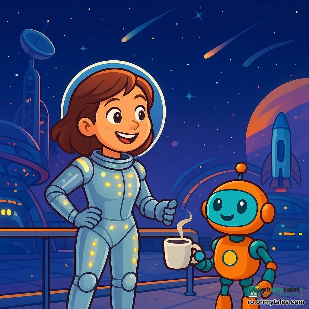 O femeie pilot de navetă spațială, Iulia, stă pe platforma unei gări cosmice, zâmbind cu mândrie. Poartă un costum argintiu strălucitor, cu lumini intermitente, iar părul ei castaniu flutură ușor în vidul spațial. Ochi ei strălucesc de excitație în timp ce admiră peisajul înstelat. Aproape de ea, un robot asistent cu forme rotunde și culori vii, având brațe articulate, îi aduce o cană cu apă caldă. Robotul are o voce prietenoasă și pare nerăbdător să o ajute. Locația este o gară spațială futuristă, cu structuri metalice strălucitoare, antene uriașe care se întind spre cerul înstelat și nave spațiale ancorate în jur, iluminate de lumini multicolore. În fundal, comete se deplasează încet, adăugând o notă de magie scenei. Iulia, verificând luminile de navigație ale gării, se concentrează pe muncă, bucurându-se de frumusețea spațiului. Știe că a îndeplinit o misiune importantă, iar inima ei este plină de bucurie și satisfacție.