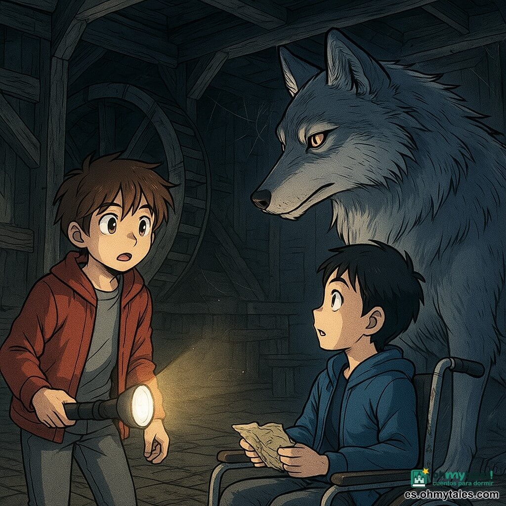 Hay 3 personajes: Nico, niño de unos 11 años, pelo castaño despeinado, chaqueta roja, pantalón gris, a la izquierda sosteniendo una linterna que ilumina el interior del molino; Martín, niño de unos 11 años, pelo corto negro, chaqueta azul, en una silla de ruedas de metal patinado en el centro, mirando al lobo y sujetando un pequeño mapa arrugado; y un gran lobo gris plateado con reflejos azulados y ojos ámbar, detrás a la derecha en postura protectora. Lugar: interior nocturno de un viejo molino de madera con suelo agrietado, vigas gruesas y una gran rueda rota, rayos de luna entrando por contraventanas rotas, telarañas y polvo visible. Situación: los chicos descubren al lobo guardián reuniendo animales alrededor de una alfombra vieja; encuentro tranquilo y asombroso, centrado en el contacto visual entre ellos, con fuertes contrastes de luz entre la linterna y la luna.